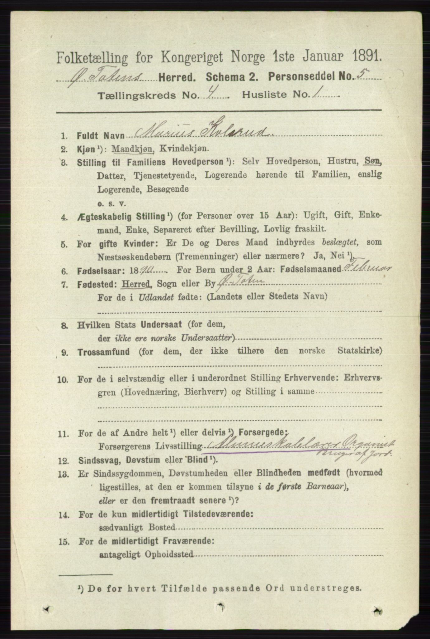 RA, 1891 census for 0528 Østre Toten, 1891, p. 2384