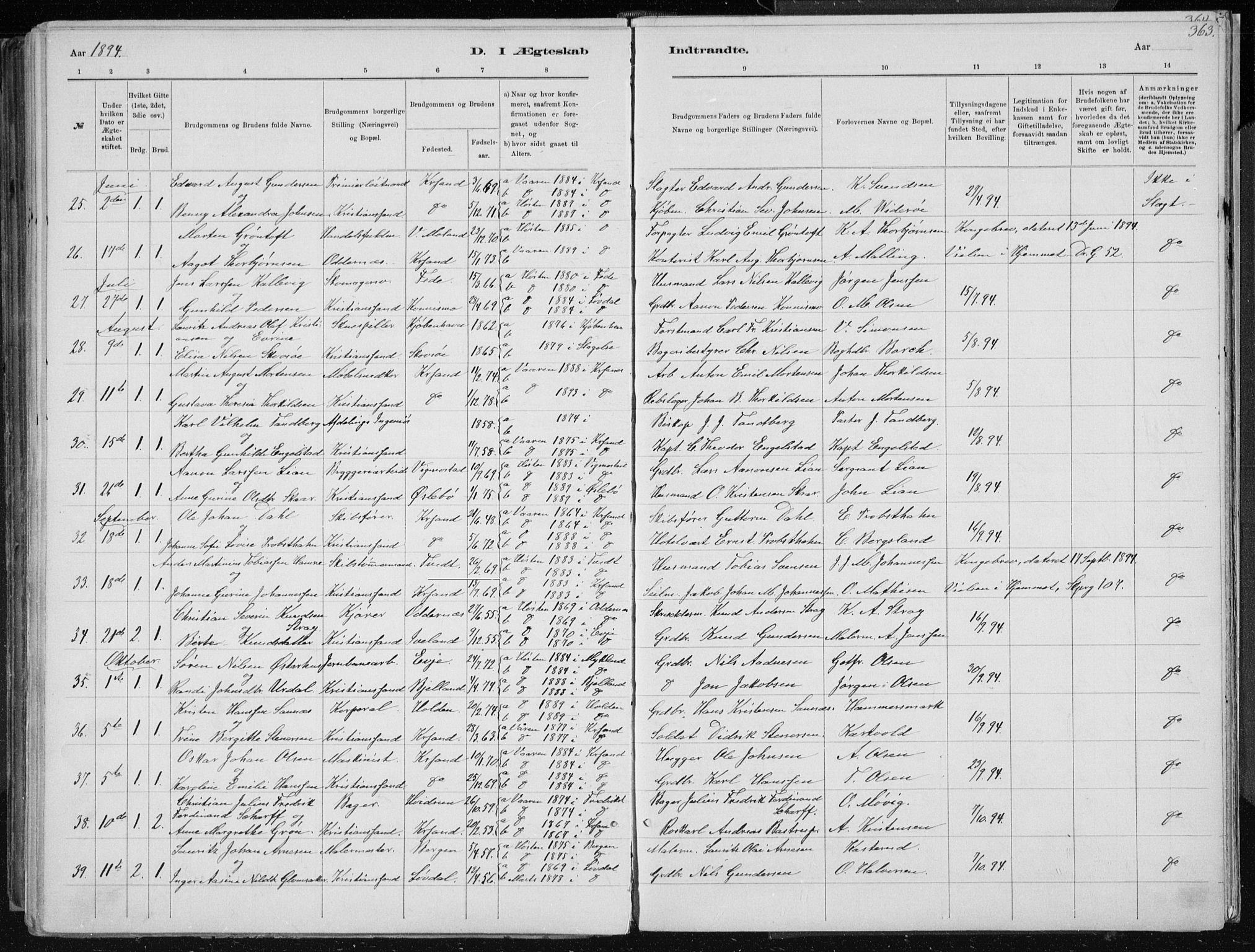 Kristiansand domprosti, SAK/1112-0006/F/Fb/L0014: Parish register (copy) no. B 14, 1881-1896, p. 363
