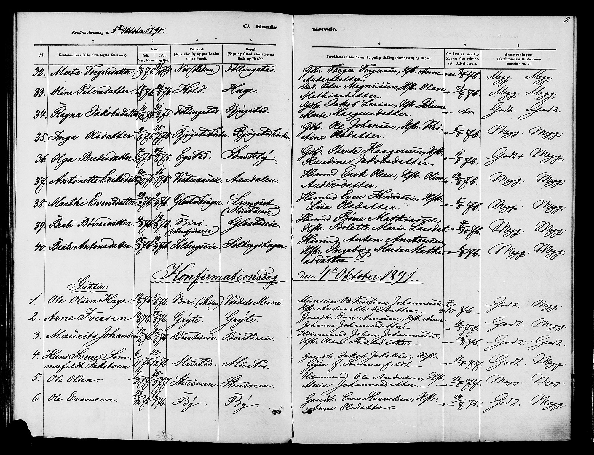 Vardal prestekontor, SAH/PREST-100/H/Ha/Haa/L0010: Parish register (official) no. 10, 1878-1893, p. 111