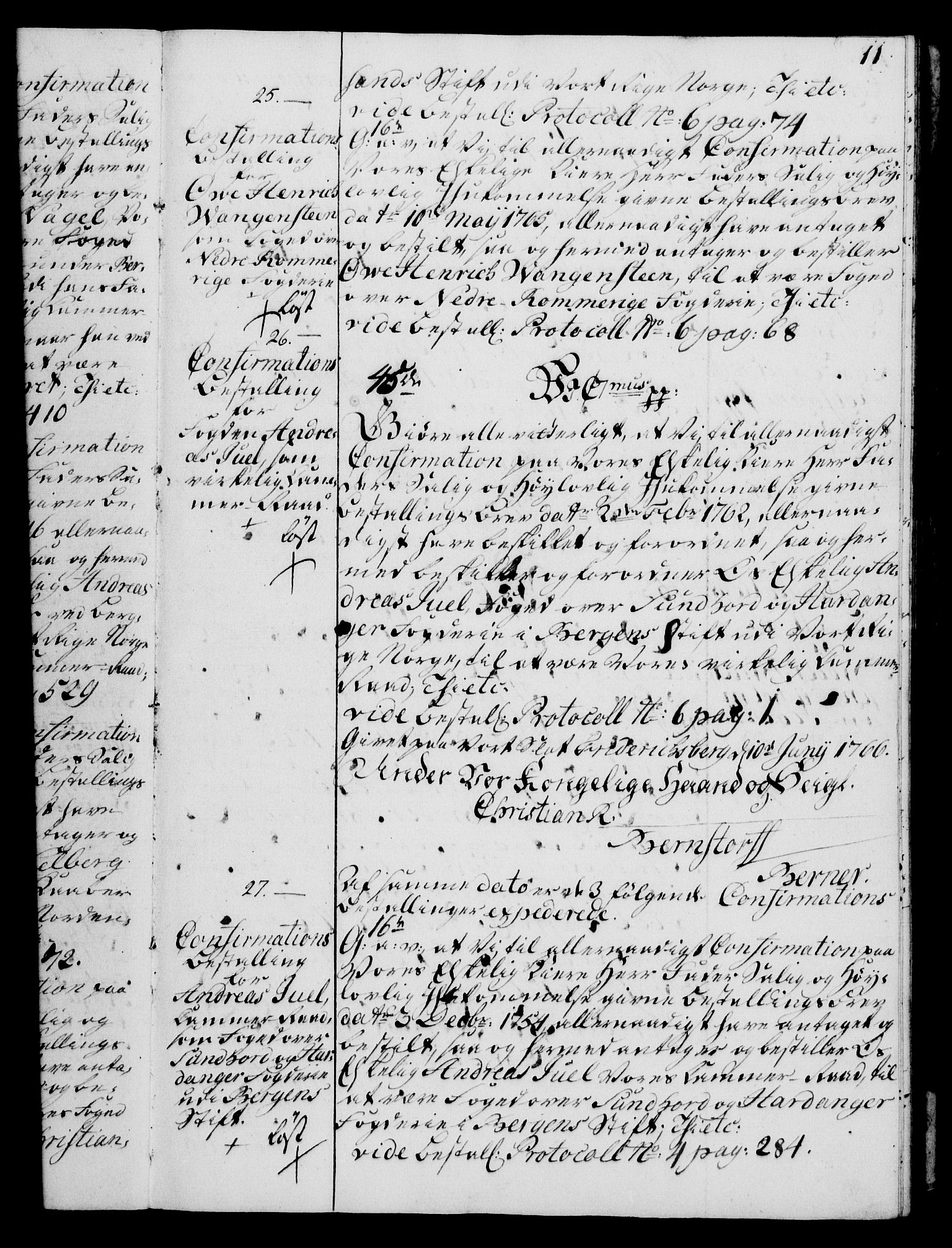 Rentekammeret, Kammerkanselliet, AV/RA-EA-3111/G/Gg/Ggg/L0003: Norsk konfirmasjonsbestallingsprotokoll med register (merket RK 53.33), 1766-1772, p. 11