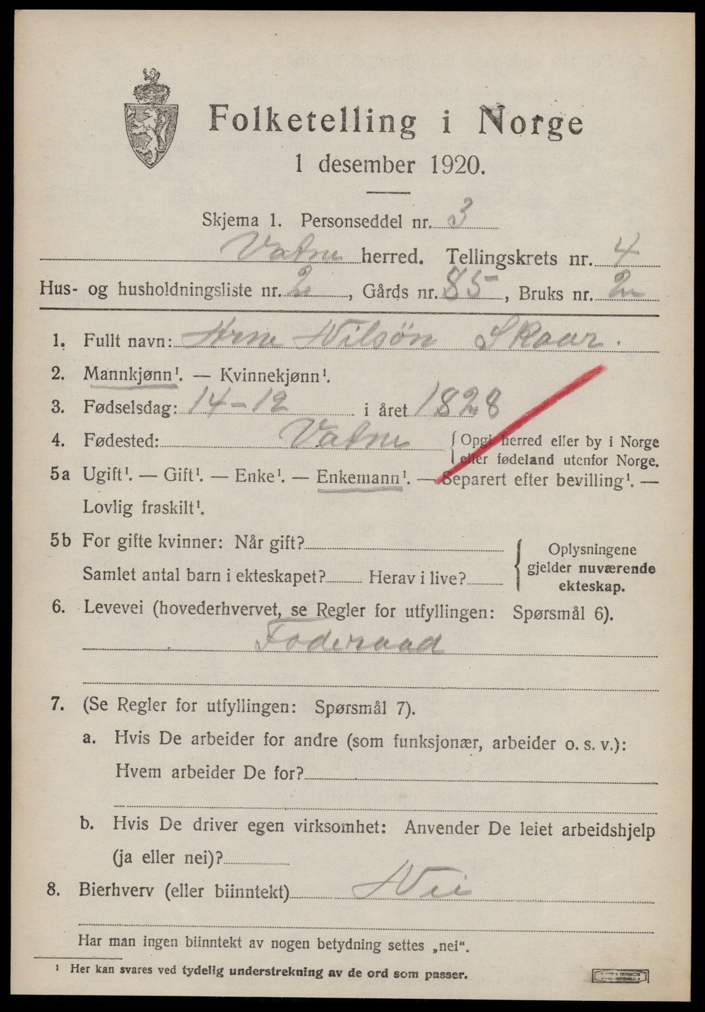 SAT, 1920 census for Vatne, 1920, p. 1832
