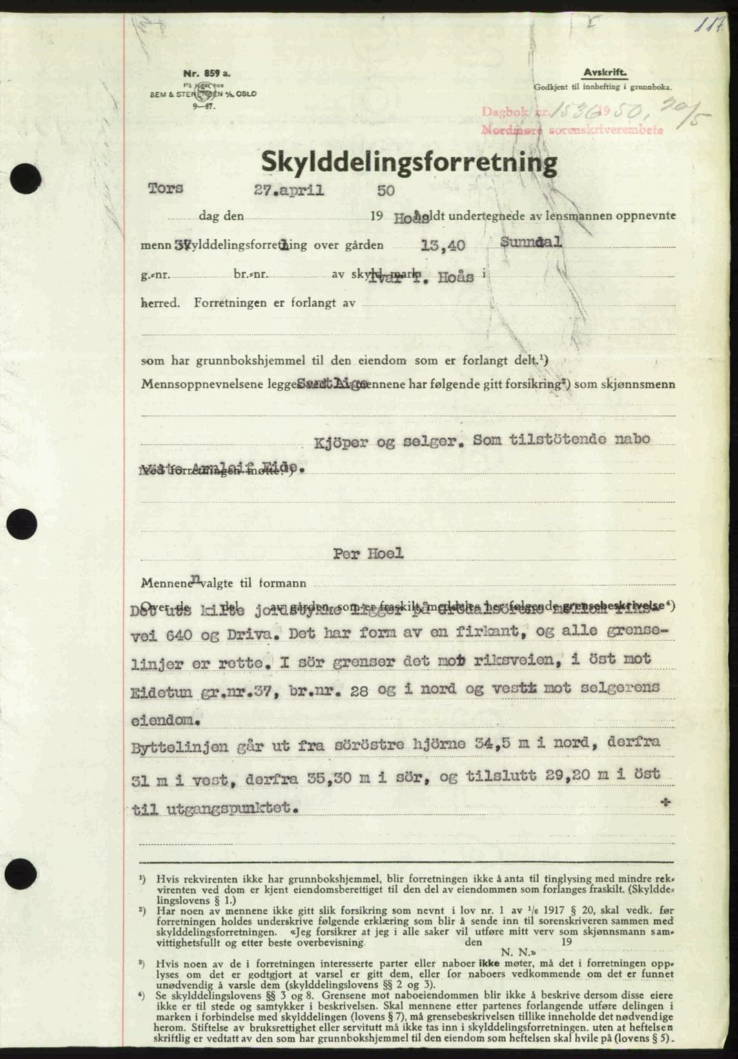 Nordmøre sorenskriveri, AV/SAT-A-4132/1/2/2Ca: Mortgage book no. A115, 1950-1950, Diary no: : 1536/1950