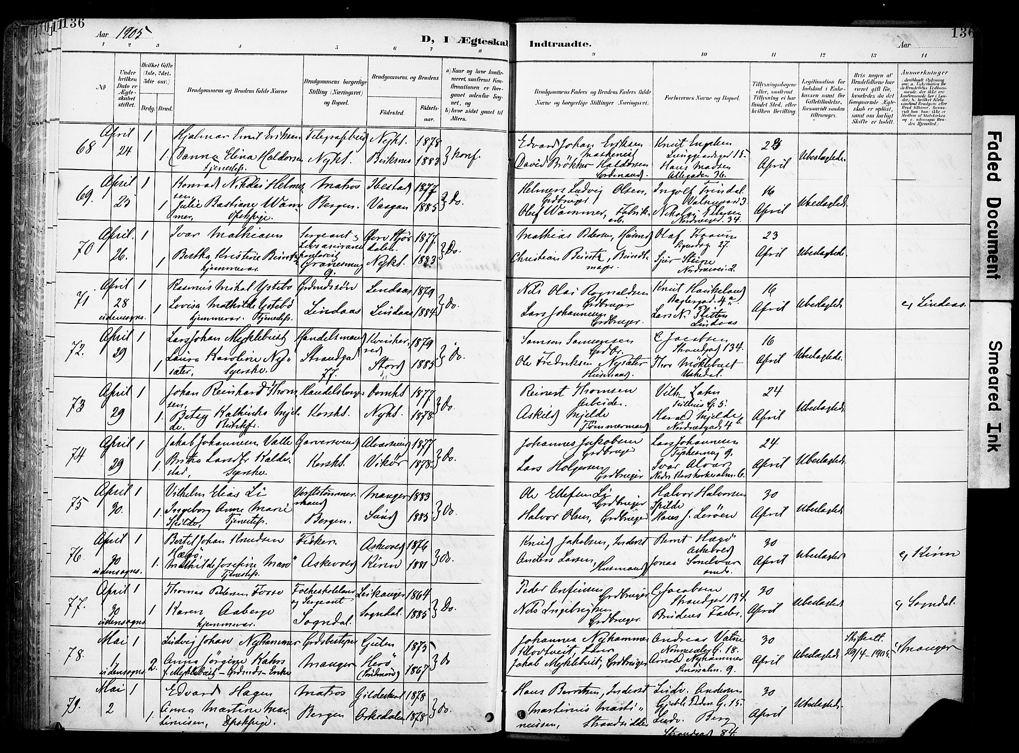 Nykirken Sokneprestembete, AV/SAB-A-77101/H/Haa/L0034: Parish register (official) no. D 4, 1896-1905, p. 136