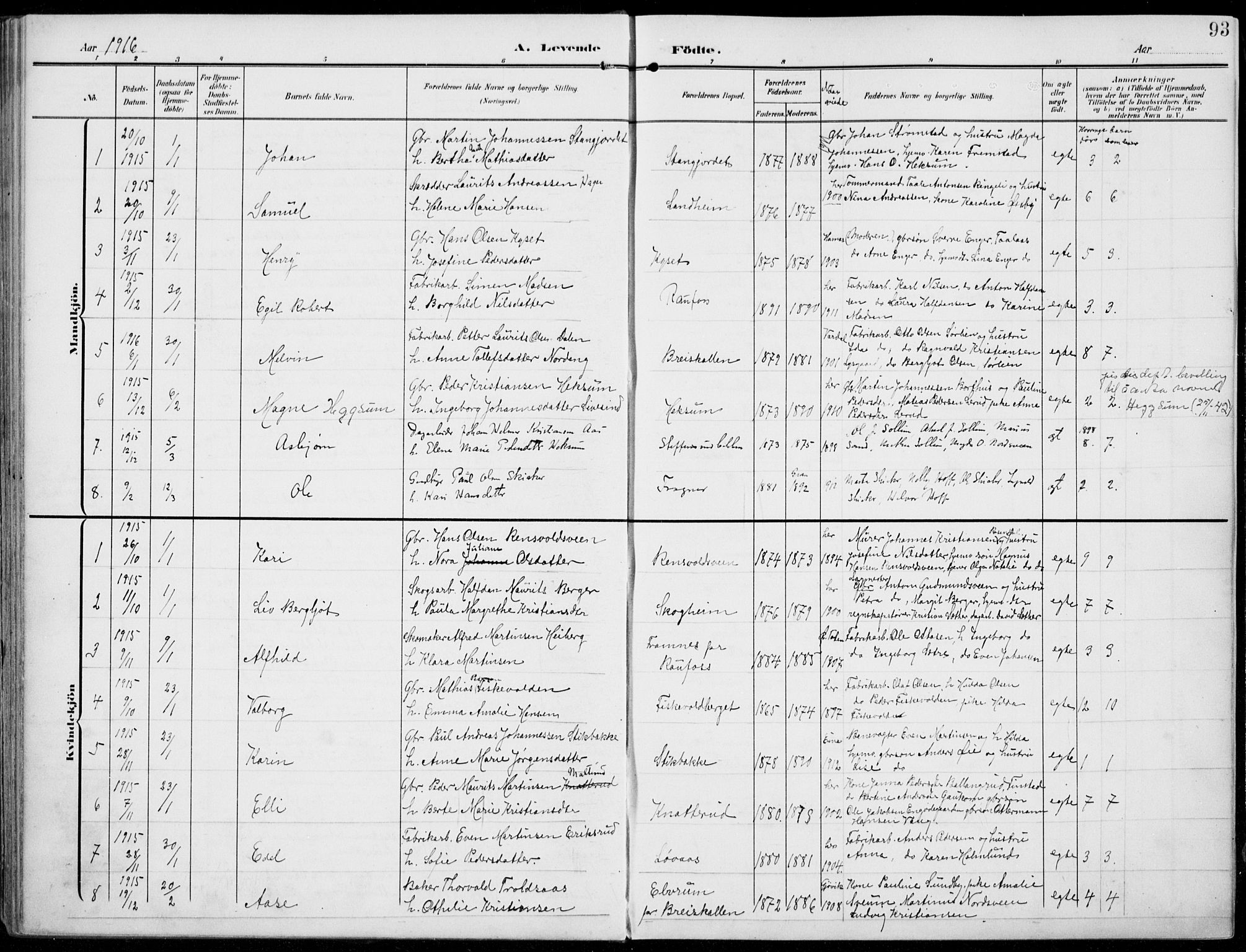 Vestre Toten prestekontor, AV/SAH-PREST-108/H/Ha/Haa/L0014: Parish register (official) no. 14, 1907-1920, p. 93