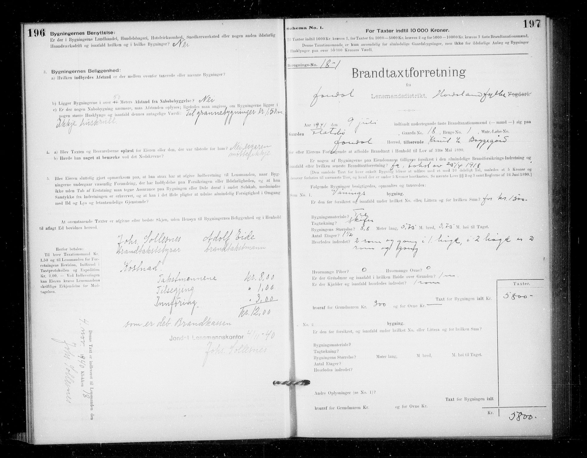 Lensmannen i Jondal, SAB/A-33101/0012/L0005: Branntakstprotokoll, skjematakst, 1894-1951, p. 196-197