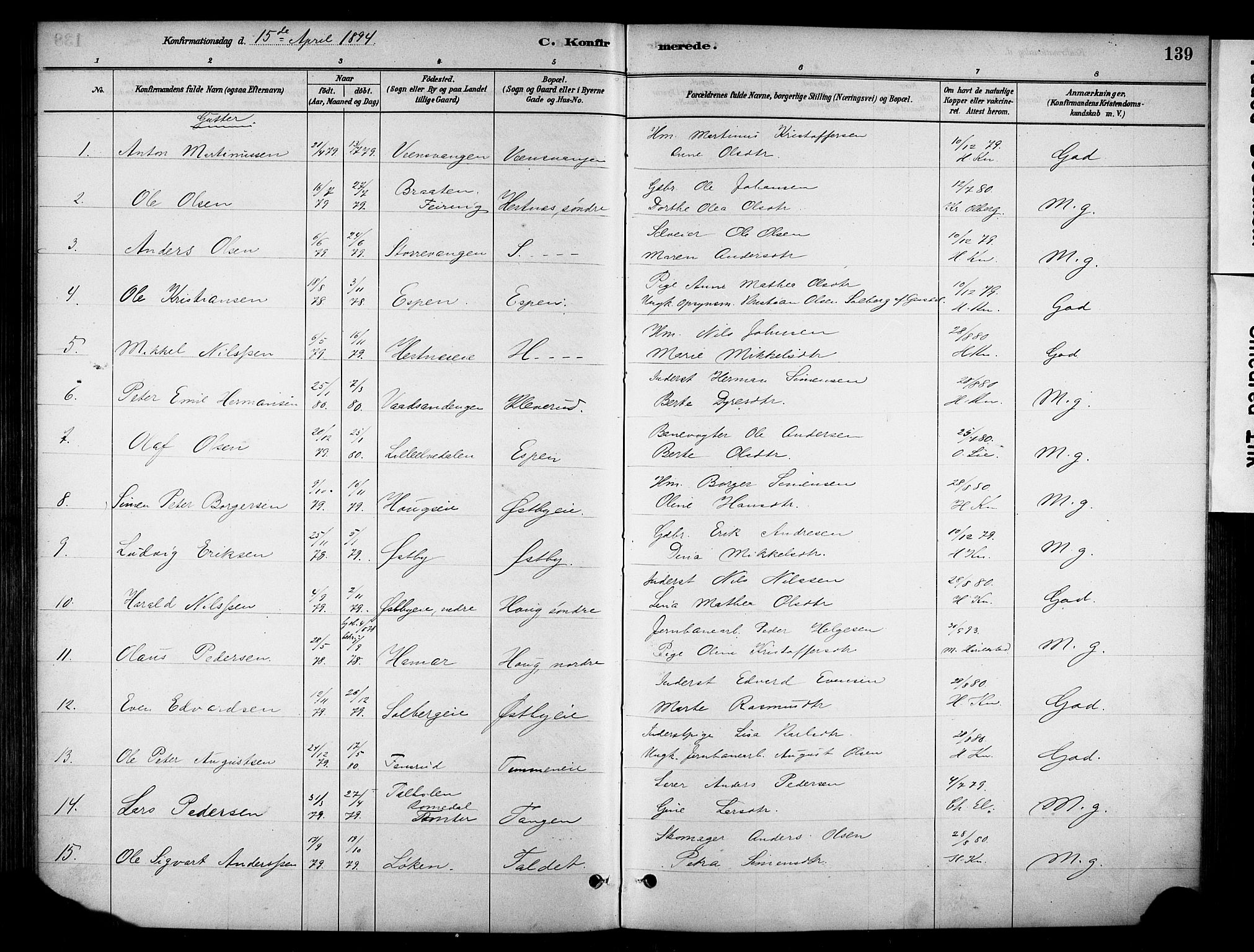 Stange prestekontor, SAH/PREST-002/K/L0018: Parish register (official) no. 18, 1880-1896, p. 139
