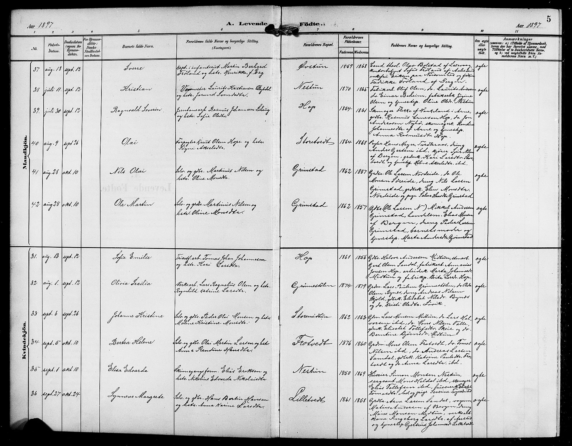 Birkeland Sokneprestembete, AV/SAB-A-74601/H/Hab: Parish register (copy) no. A 5, 1897-1905, p. 5