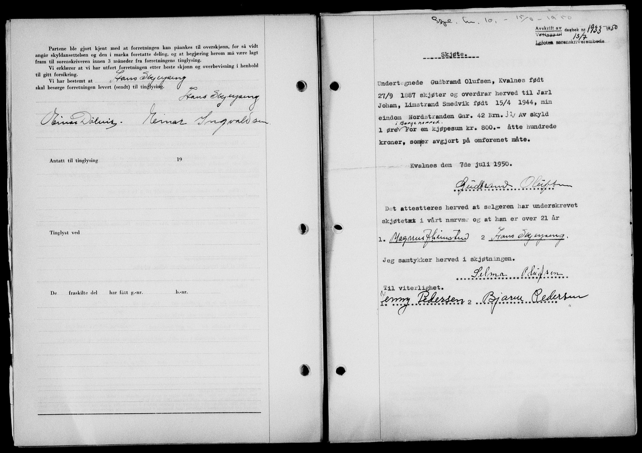 Lofoten sorenskriveri, SAT/A-0017/1/2/2C/L0024a: Mortgage book no. 24a, 1950-1950, Diary no: : 1933/1950