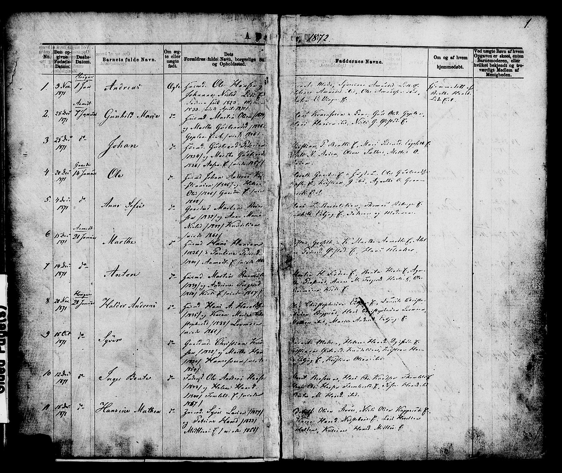 Nordre Land prestekontor, SAH/PREST-124/H/Ha/Haa/L0002: Parish register (official) no. 2, 1872-1881, p. 1