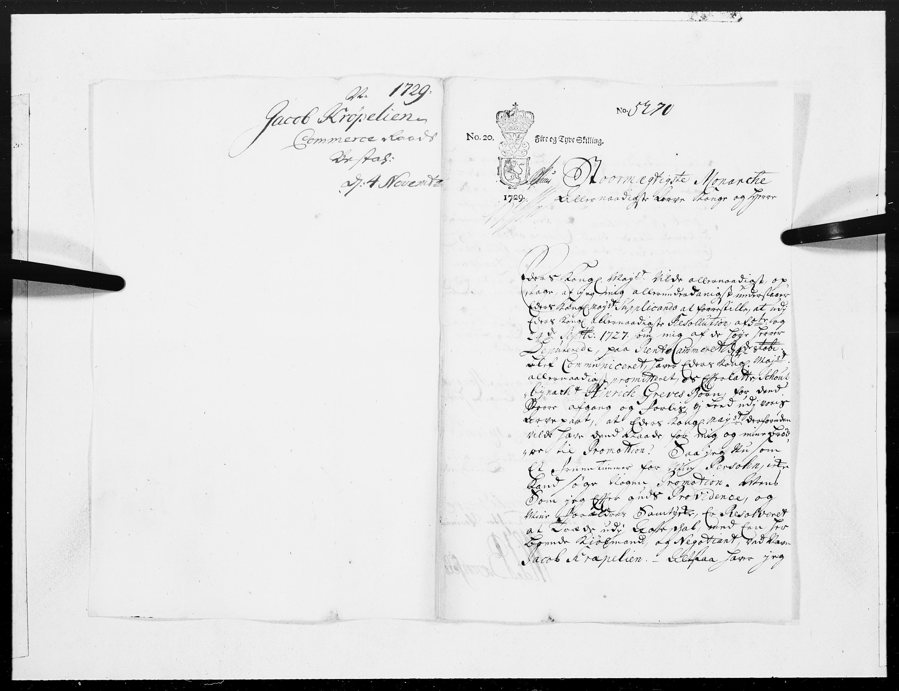 Danske Kanselli 1572-1799, RA/EA-3023/F/Fc/Fcc/Fcca/L0105: Norske innlegg 1572-1799, 1729, p. 203