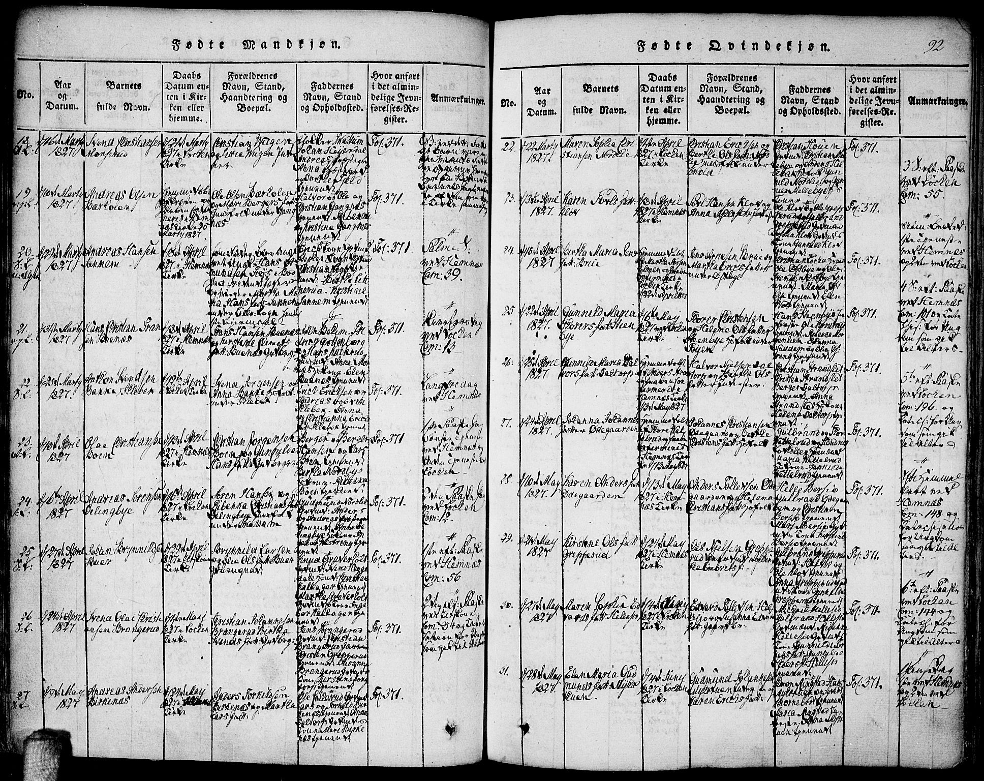 Høland prestekontor Kirkebøker, AV/SAO-A-10346a/F/Fa/L0007: Parish register (official) no. I 7, 1814-1827, p. 92