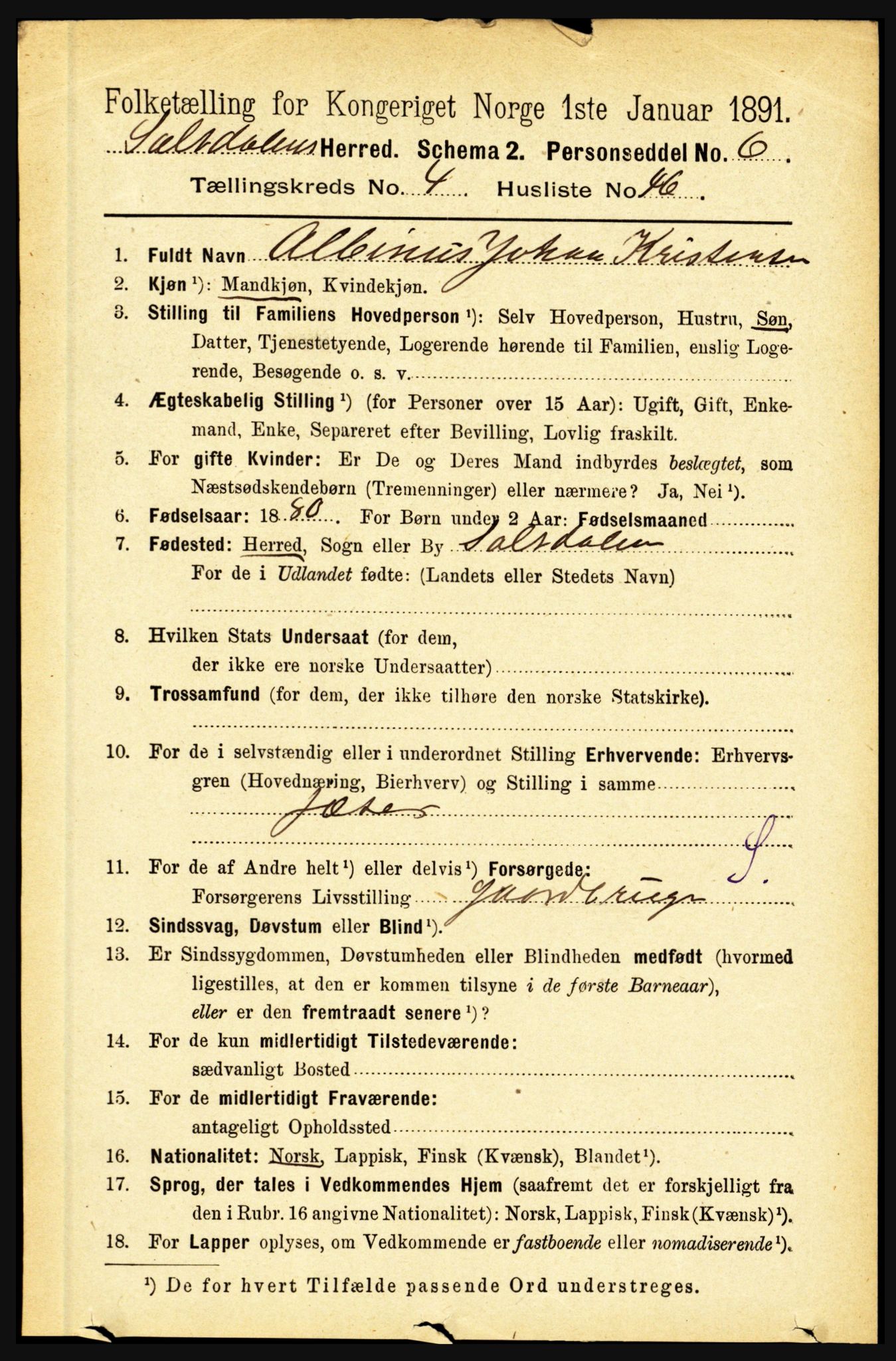 RA, 1891 census for 1840 Saltdal, 1891, p. 2641