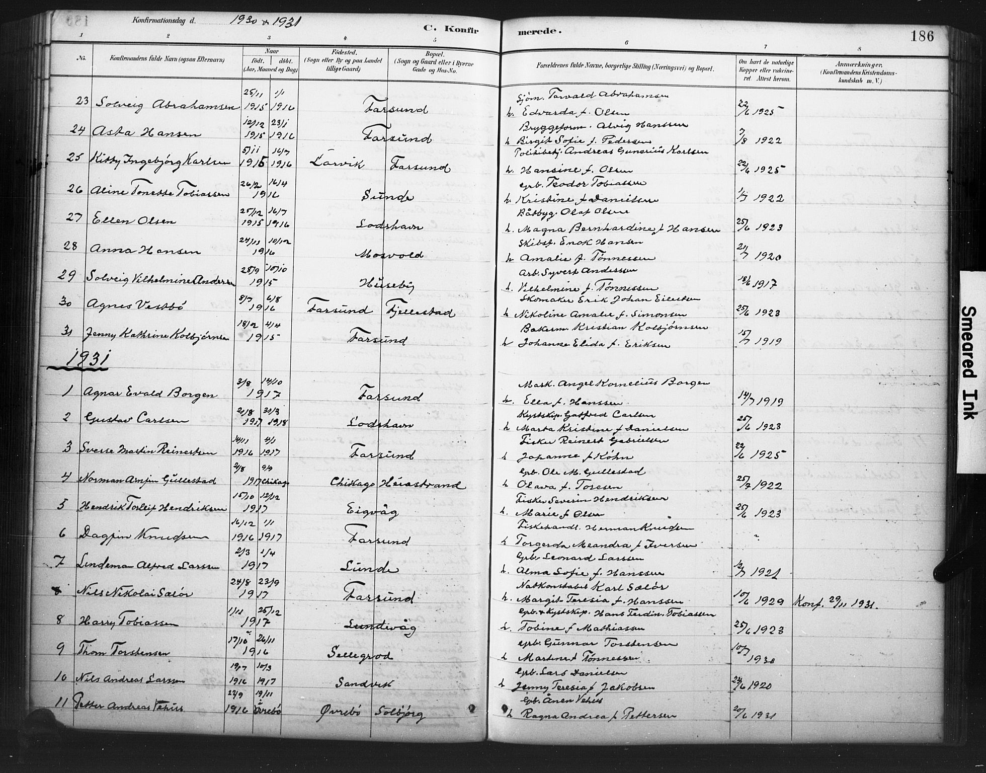 Farsund sokneprestkontor, AV/SAK-1111-0009/F/Fb/L0001: Parish register (copy) no. B 1, 1886-1931, p. 186