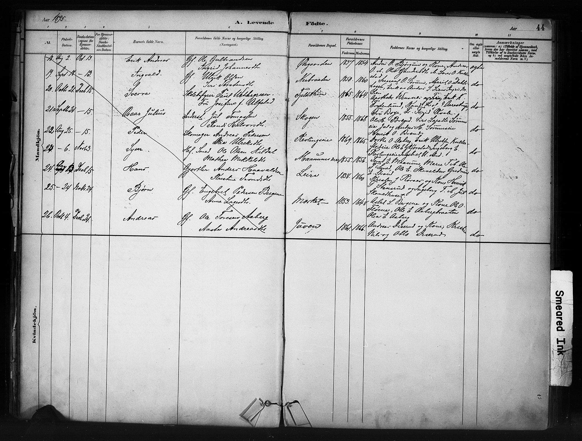 Nord-Aurdal prestekontor, AV/SAH-PREST-132/H/Ha/Haa/L0013: Parish register (official) no. 13, 1883-1895, p. 44