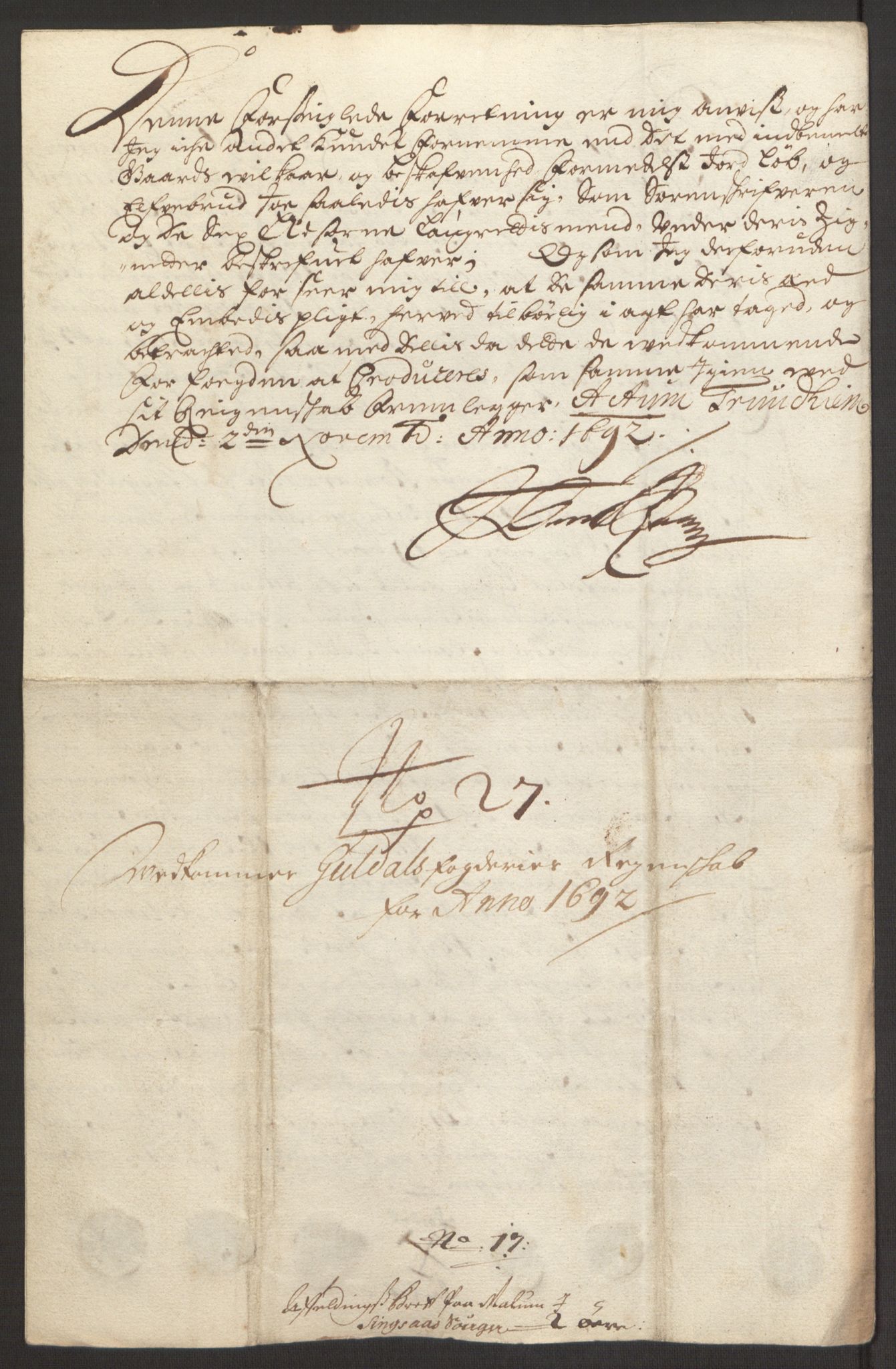 Rentekammeret inntil 1814, Reviderte regnskaper, Fogderegnskap, AV/RA-EA-4092/R59/L3942: Fogderegnskap Gauldal, 1692, p. 287