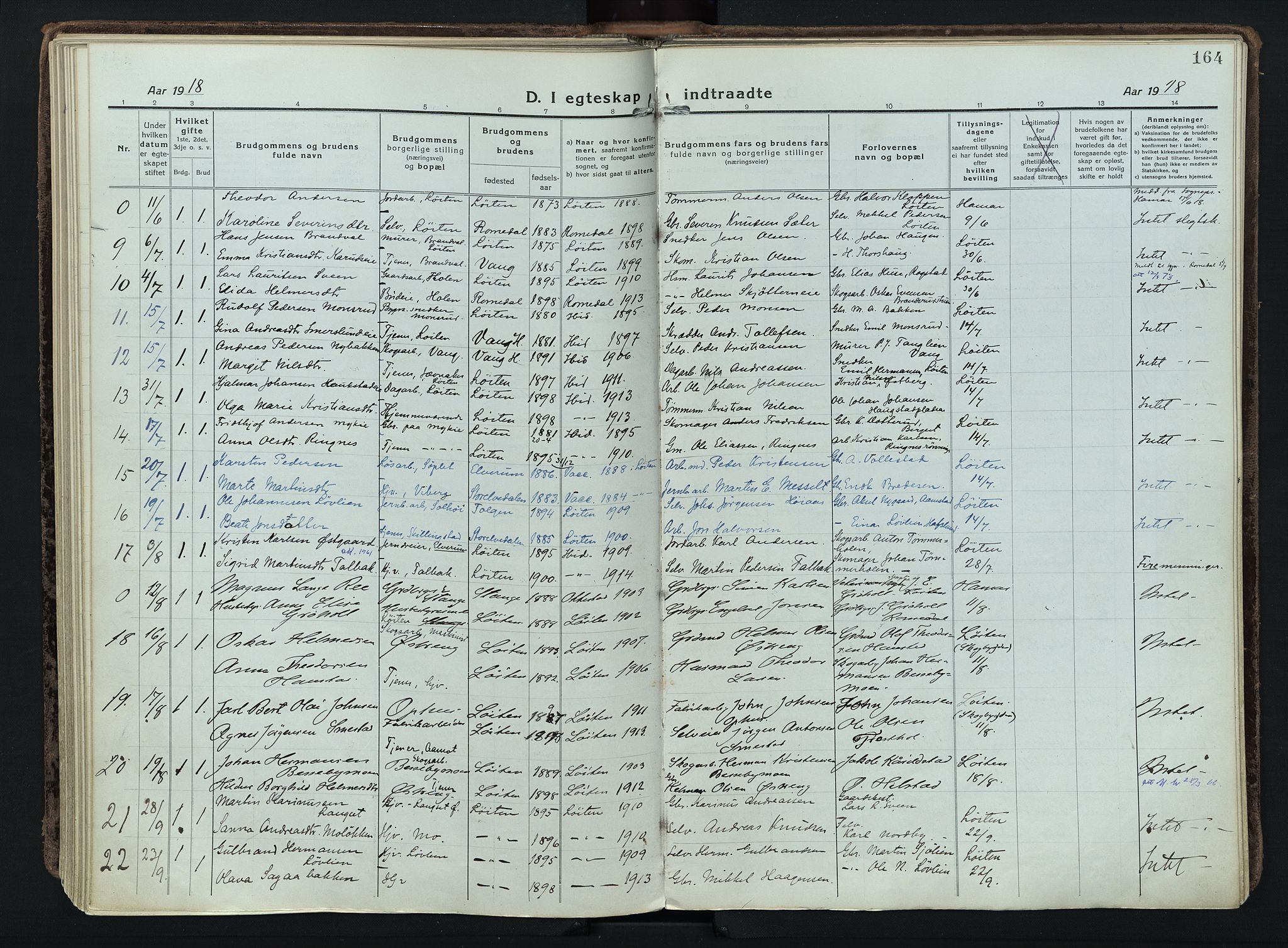 Løten prestekontor, AV/SAH-PREST-022/K/Ka/L0012: Parish register (official) no. 12, 1918-1926, p. 164