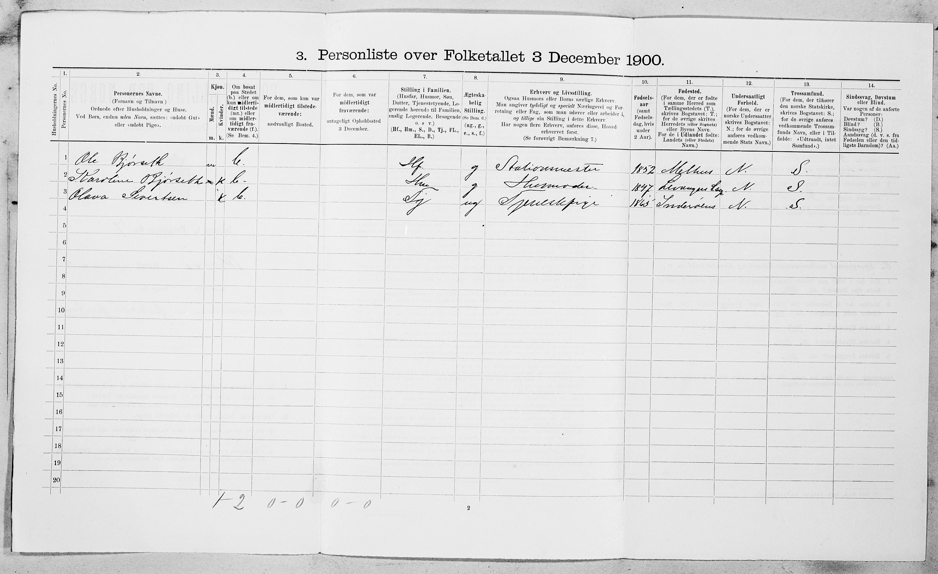SAT, 1900 census for Røros, 1900, p. 1047