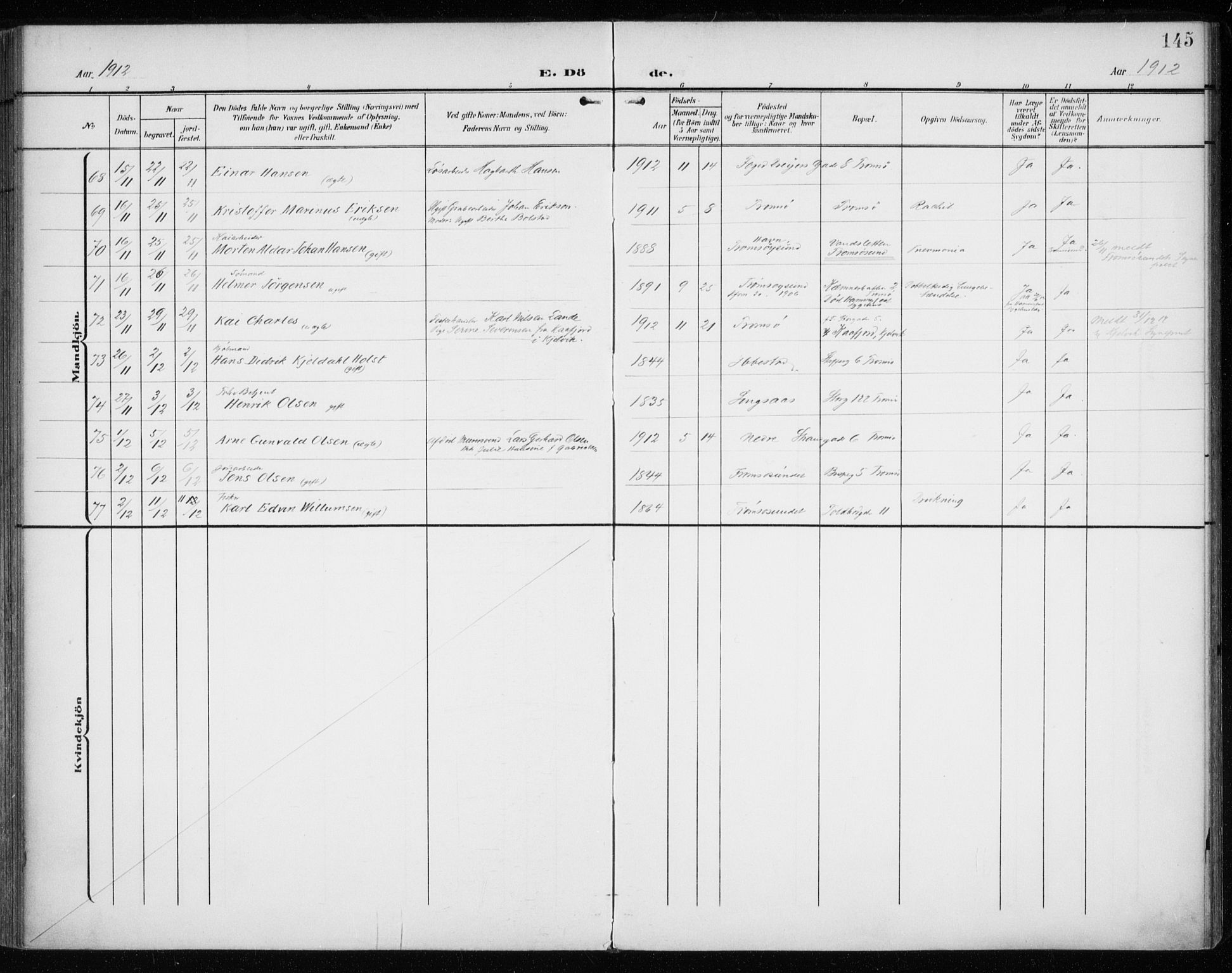 Tromsø sokneprestkontor/stiftsprosti/domprosti, AV/SATØ-S-1343/G/Ga/L0018kirke: Parish register (official) no. 18, 1907-1917, p. 145