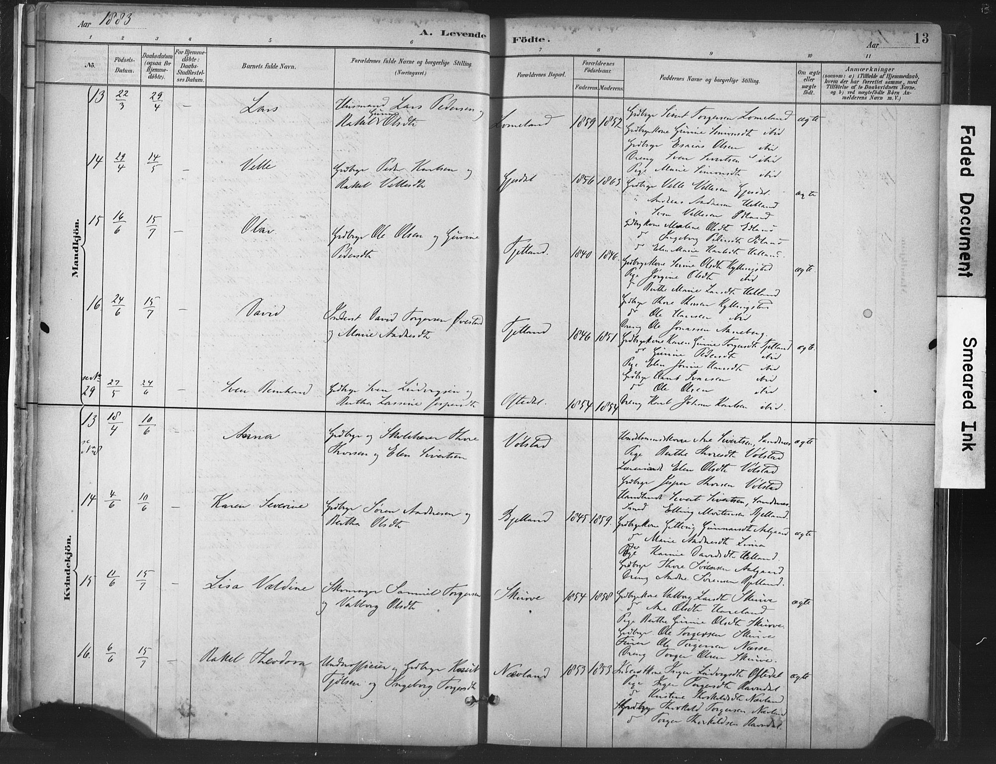 Lye sokneprestkontor, AV/SAST-A-101794/001/30BA/L0010: Parish register (official) no. A 10, 1881-1896, p. 13