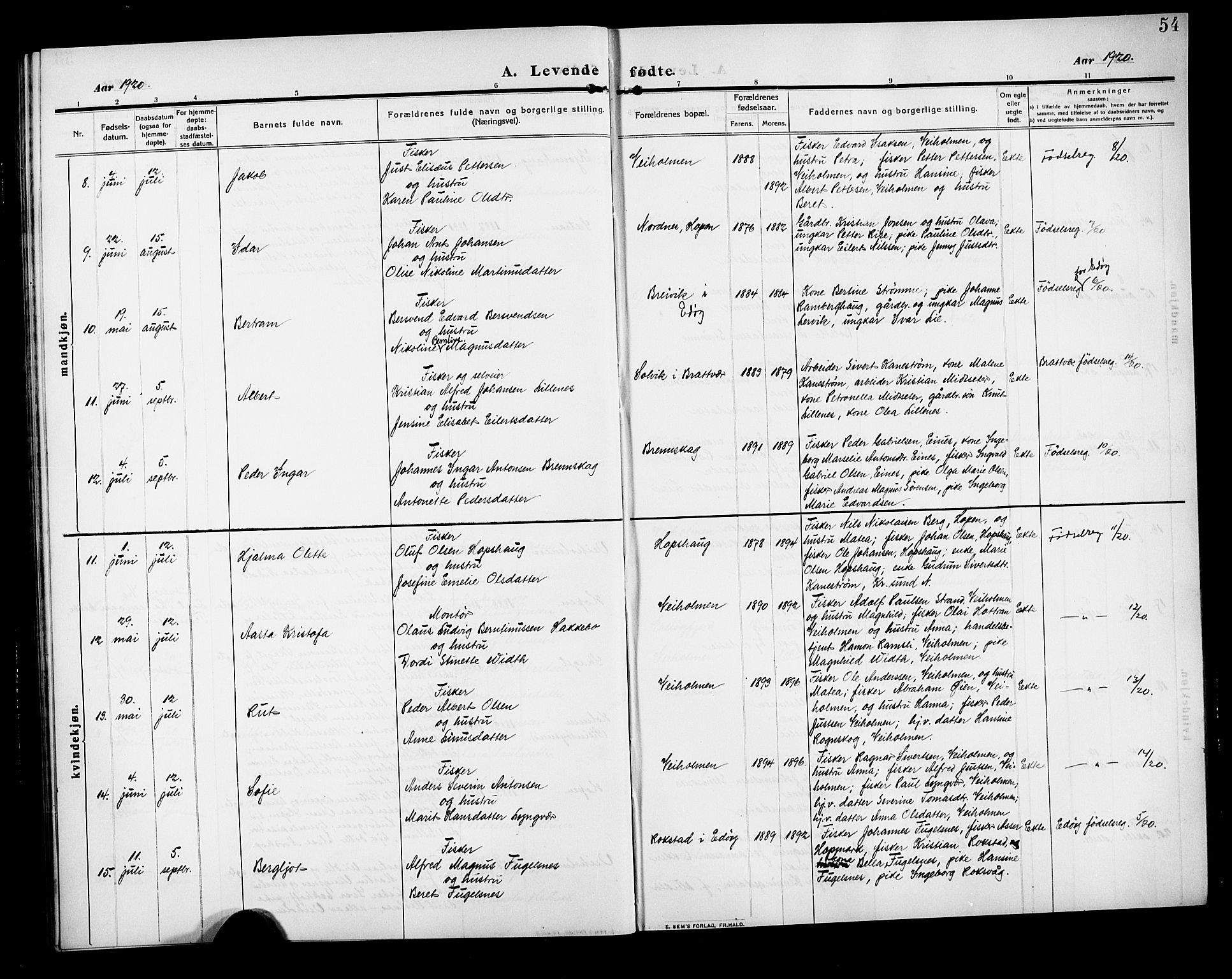 Ministerialprotokoller, klokkerbøker og fødselsregistre - Møre og Romsdal, AV/SAT-A-1454/583/L0956: Parish register (copy) no. 583C01, 1909-1925, p. 54