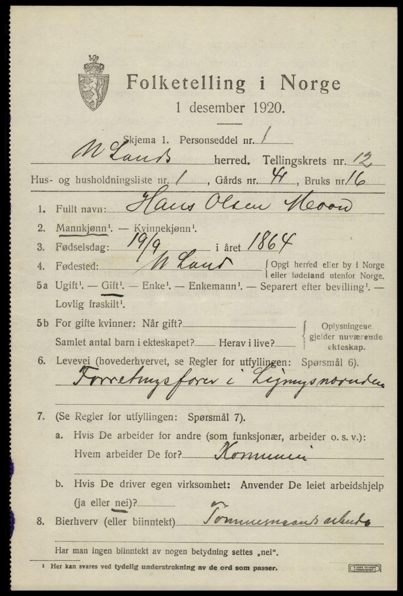 SAH, 1920 census for Nordre Land, 1920, p. 5830