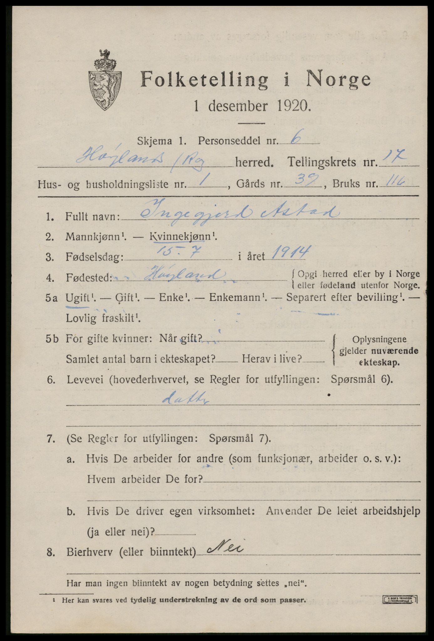 SAST, 1920 census for Høyland, 1920, p. 15610