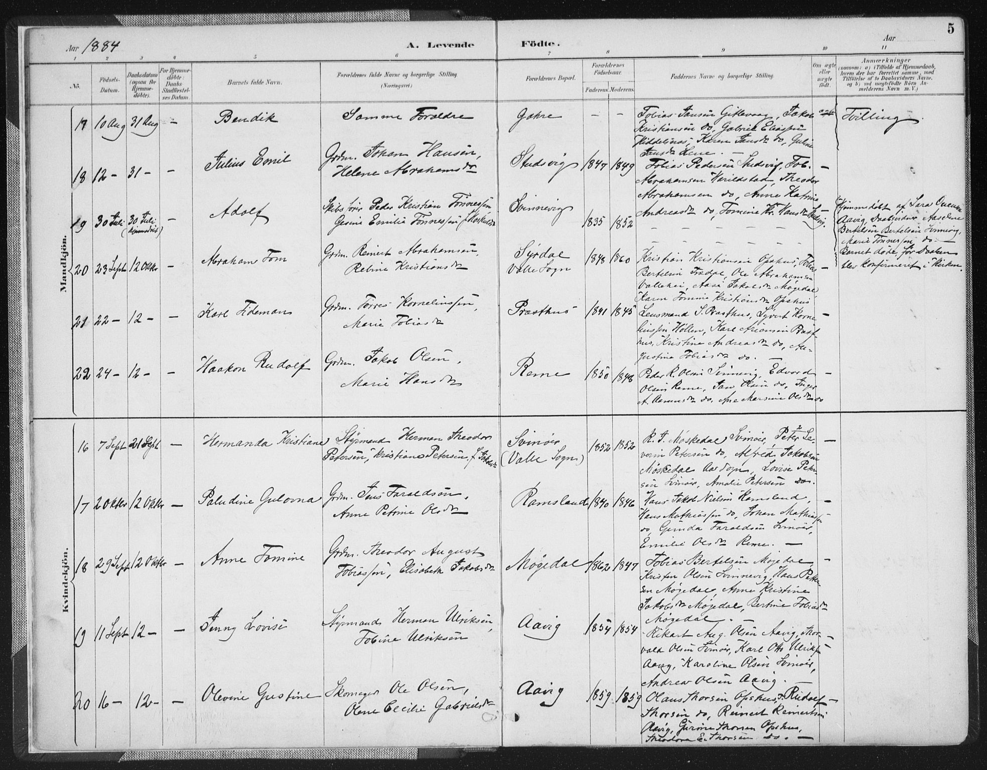 Sør-Audnedal sokneprestkontor, AV/SAK-1111-0039/F/Fa/Faa/L0004: Parish register (official) no. A 4, 1884-1909, p. 5