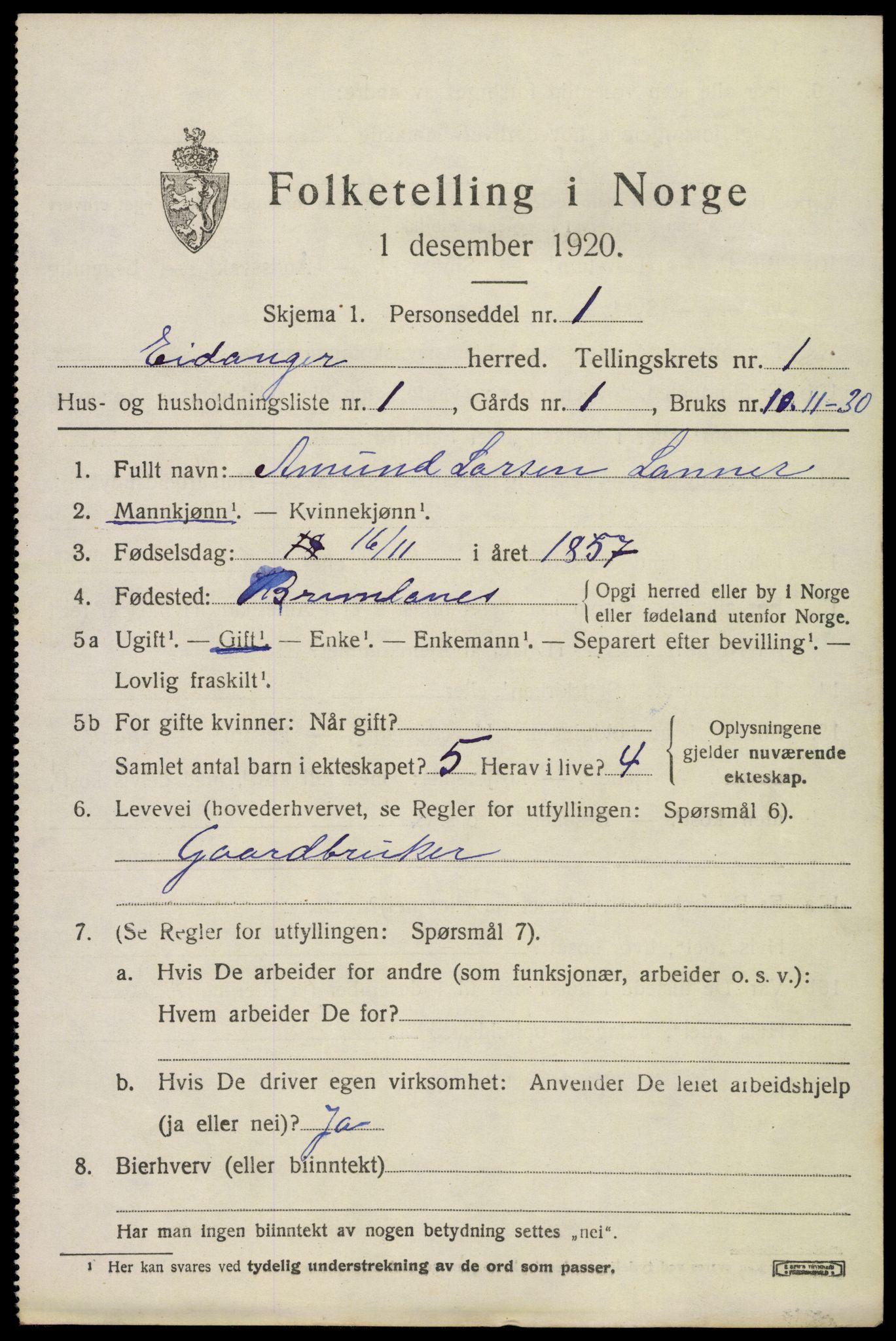 SAKO, 1920 census for Eidanger, 1920, p. 1584