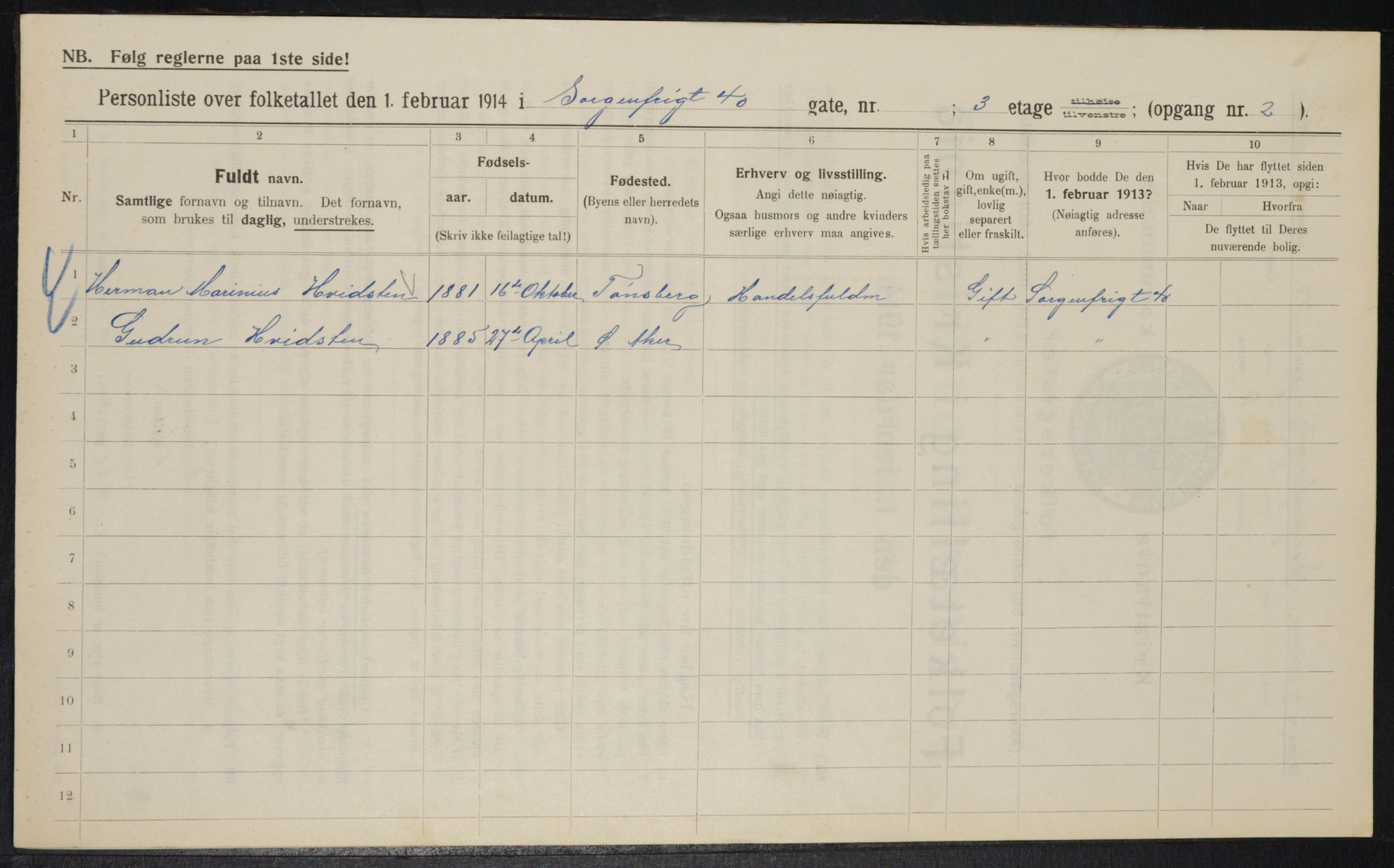 OBA, Municipal Census 1914 for Kristiania, 1914, p. 100313