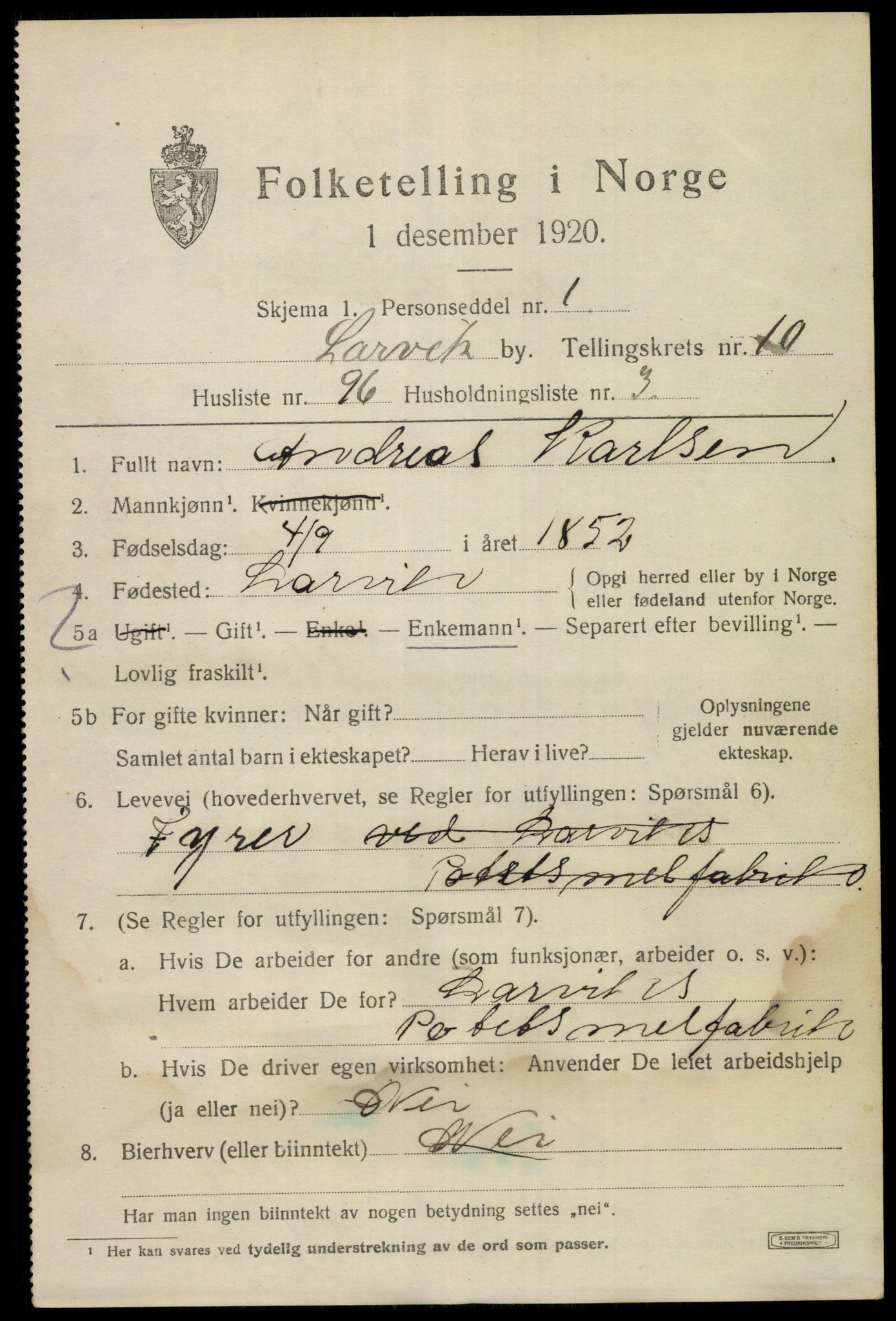 SAKO, 1920 census for Larvik, 1920, p. 28304