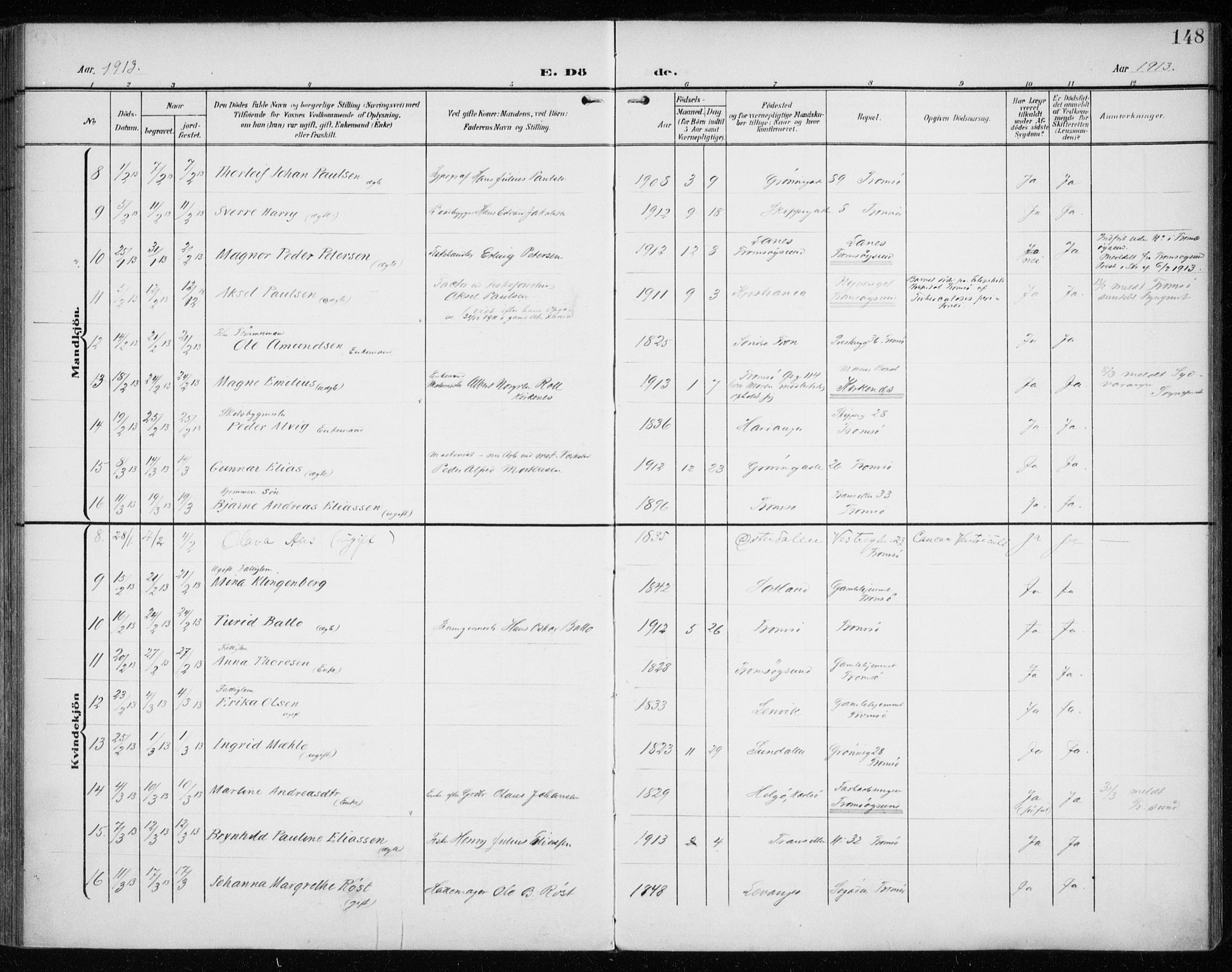 Tromsø sokneprestkontor/stiftsprosti/domprosti, AV/SATØ-S-1343/G/Ga/L0018kirke: Parish register (official) no. 18, 1907-1917, p. 148