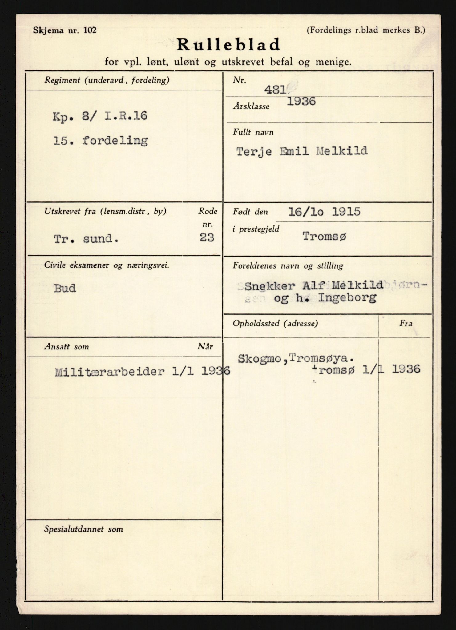 Forsvaret, Troms infanteriregiment nr. 16, AV/RA-RAFA-3146/P/Pa/L0020: Rulleblad for regimentets menige mannskaper, årsklasse 1936, 1936, p. 865