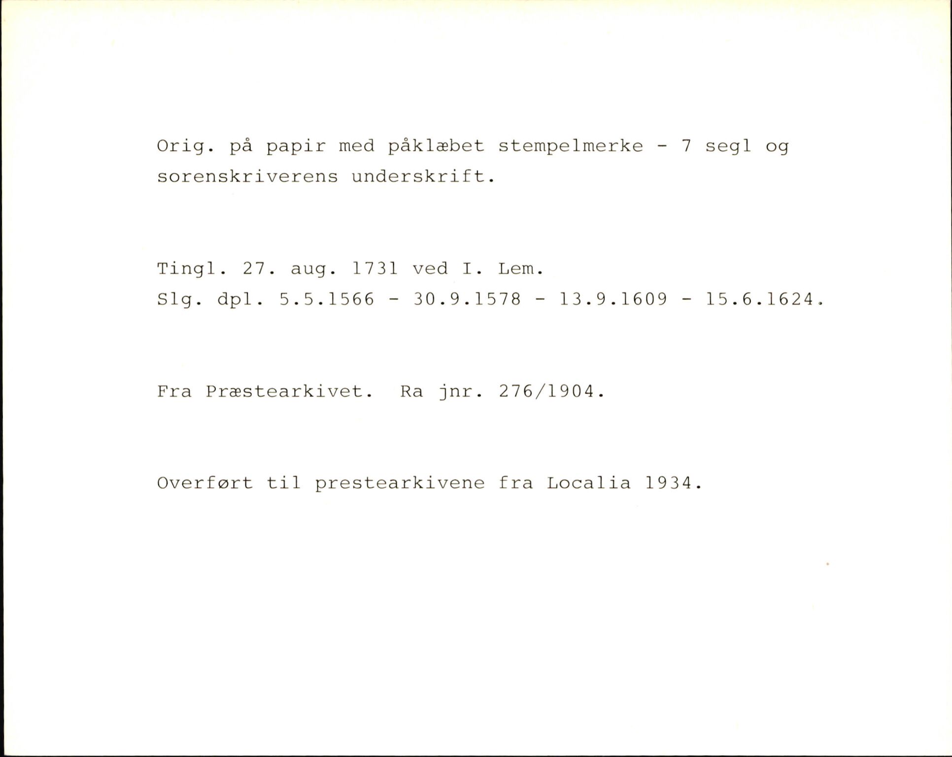 Riksarkivets diplomsamling, AV/RA-EA-5965/F35/F35k/L0003: Regestsedler: Prestearkiver fra Telemark, Agder, Vestlandet og Trøndelag, p. 296