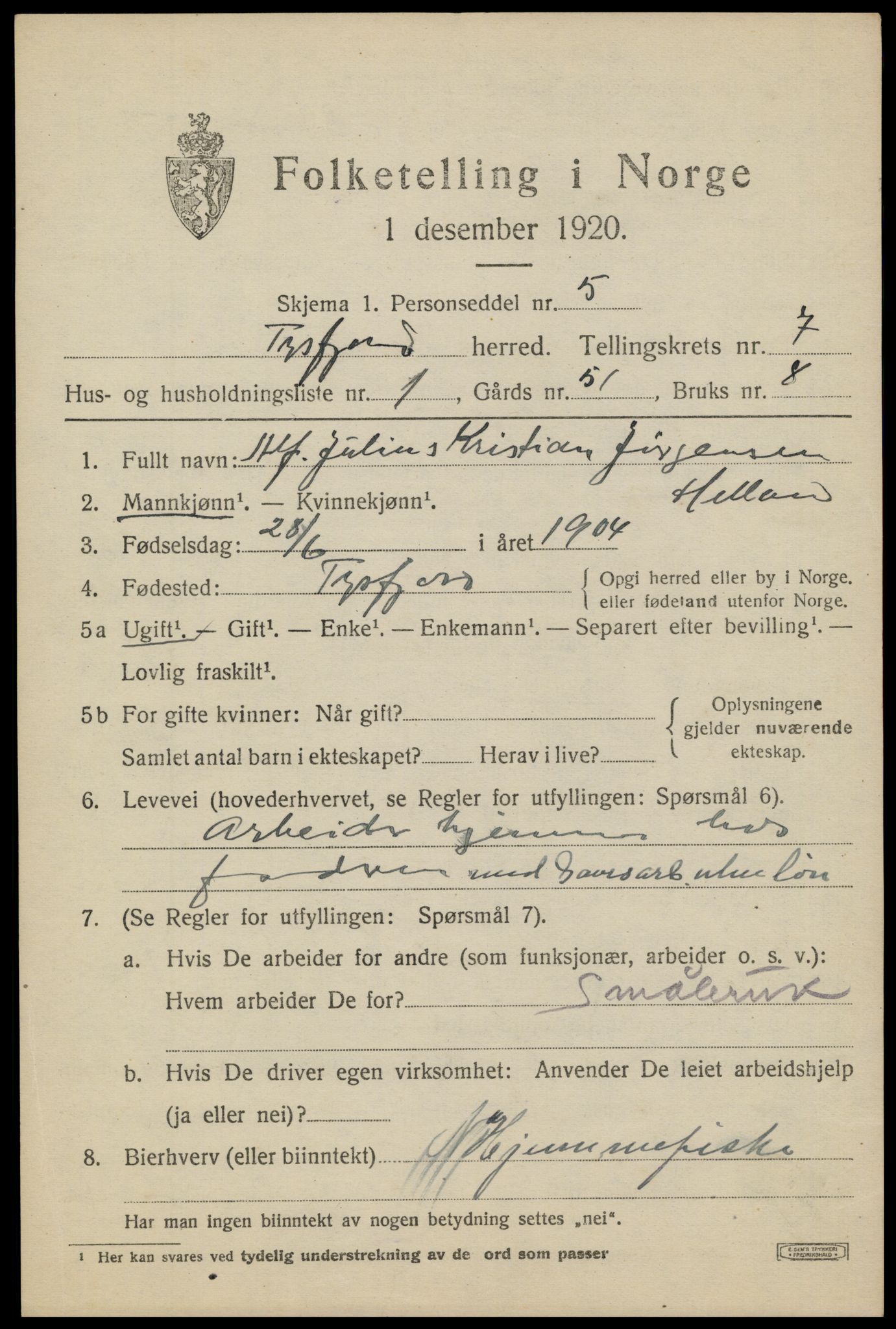 SAT, 1920 census for Tysfjord, 1920, p. 5153