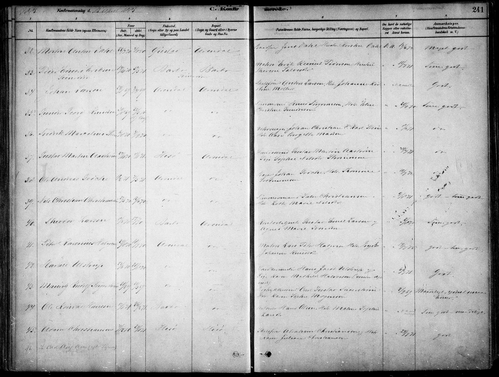 Arendal sokneprestkontor, Trefoldighet, AV/SAK-1111-0040/F/Fa/L0008: Parish register (official) no. A 8, 1878-1899, p. 241