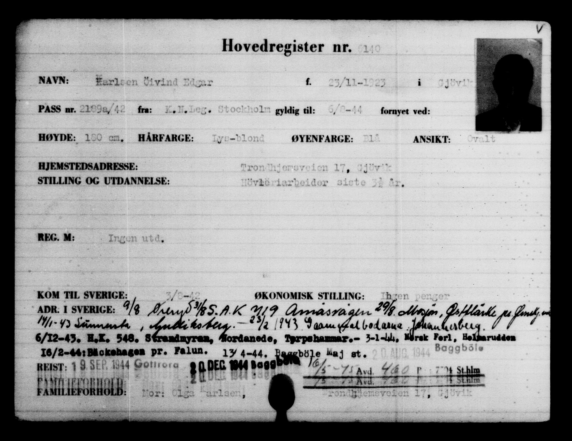 Utenriksstasjonene, Legasjonen i Stockholm, Flyktningkontoret, AV/RA-S-6753/V/Va/L0004: Kjesäterkartoteket, flyktninger med registreringsnr. 3496-6610, 1940-1945, p. 3099