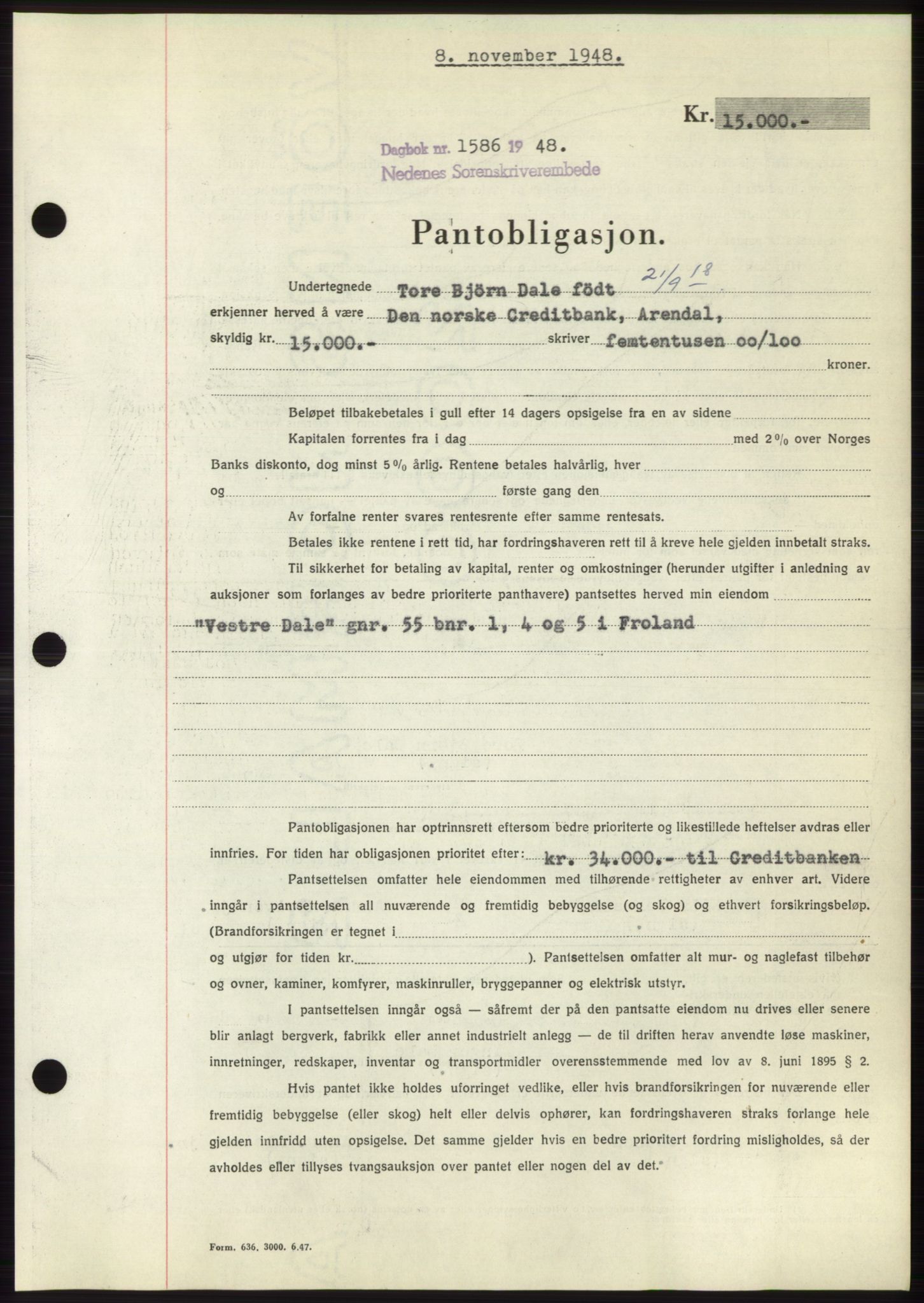 Nedenes sorenskriveri, AV/SAK-1221-0006/G/Gb/Gbb/L0005: Mortgage book no. B5, 1948-1948, Diary no: : 1586/1948