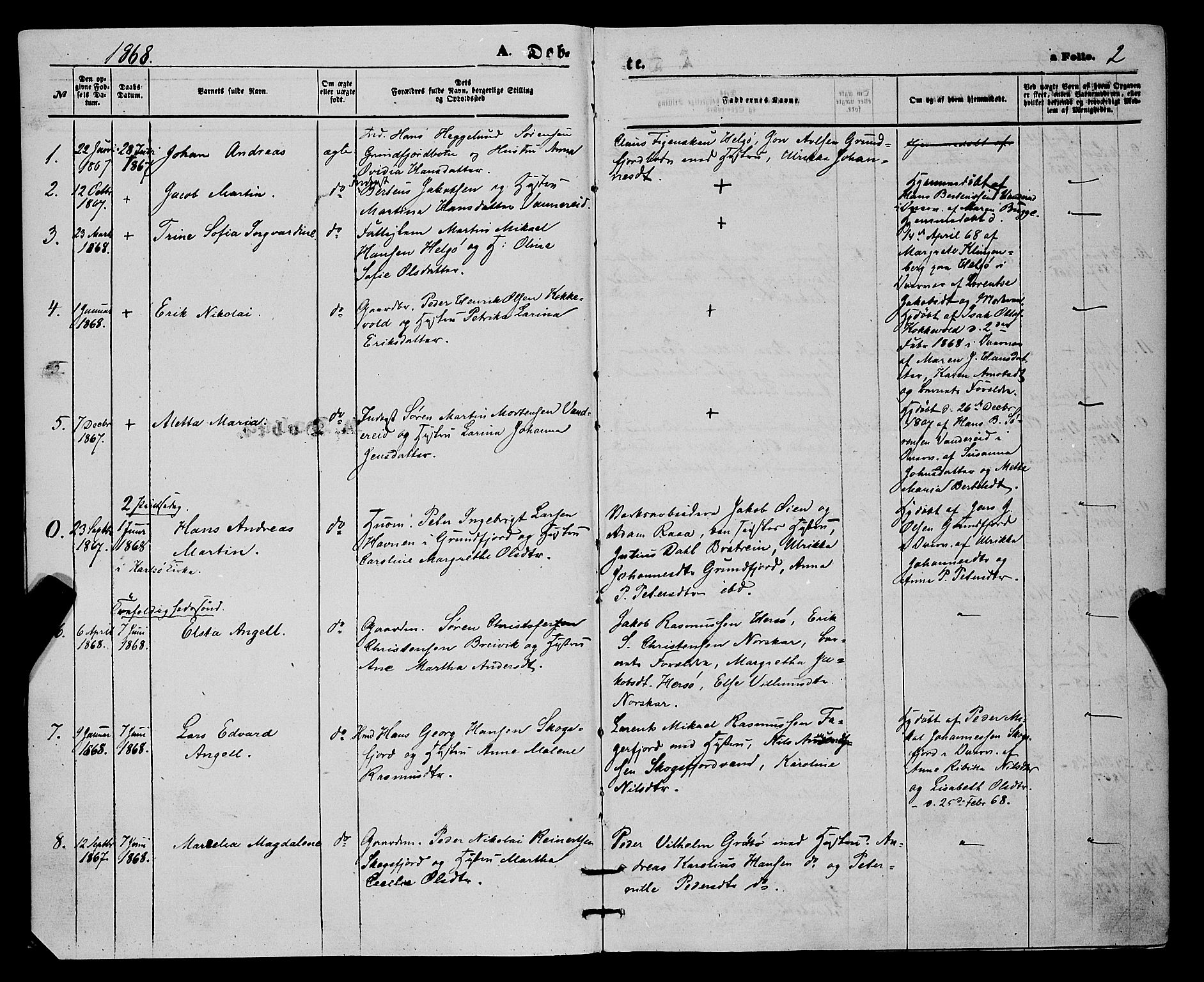 Karlsøy sokneprestembete, AV/SATØ-S-1299/H/Ha/Haa/L0010kirke: Parish register (official) no. 10, 1867-1878, p. 2