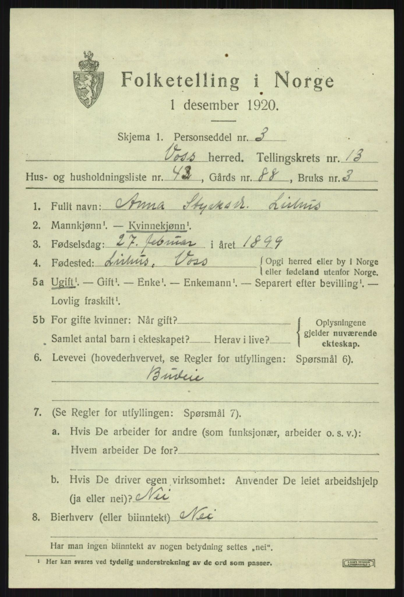 SAB, 1920 census for Voss, 1920, p. 11689