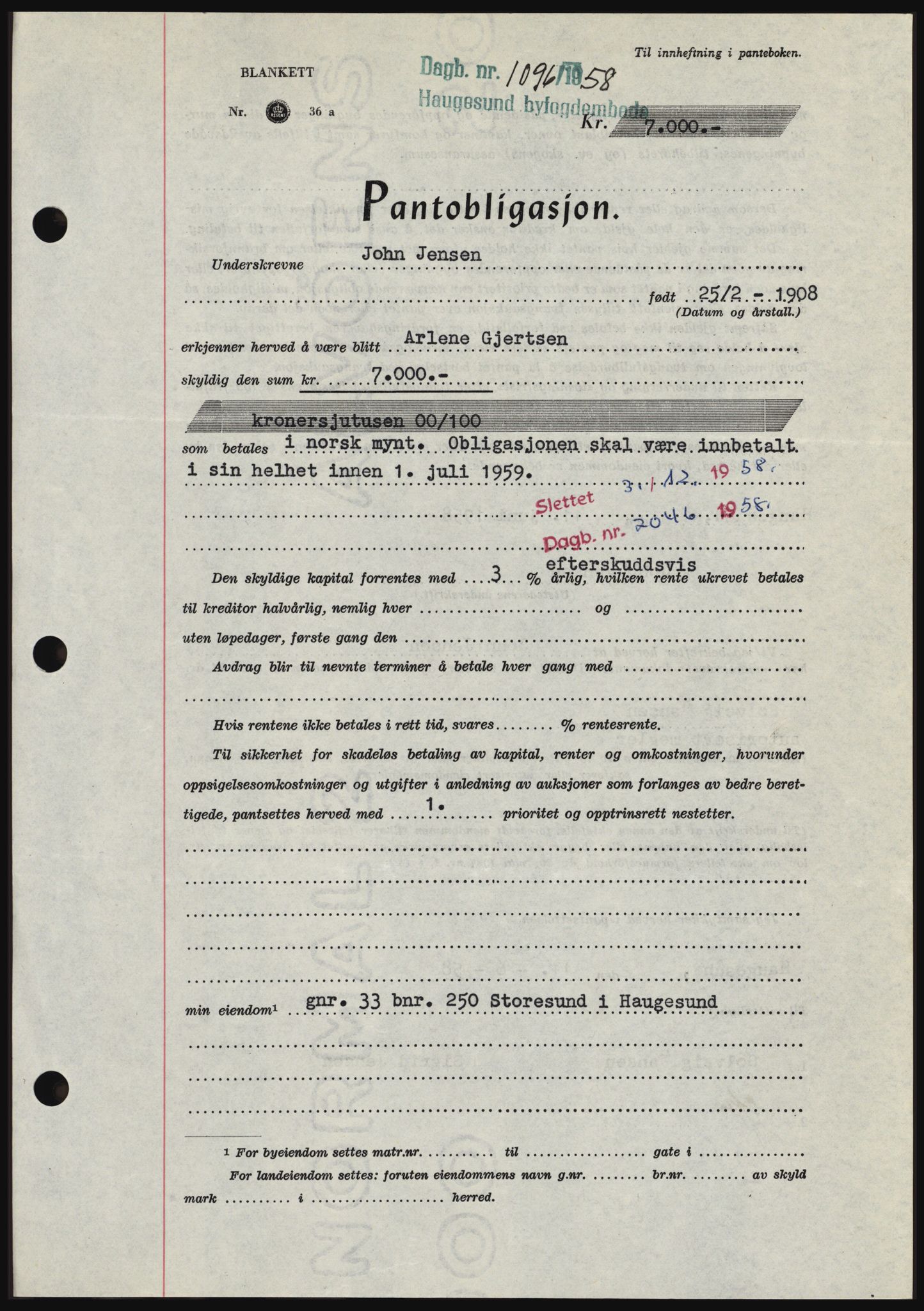 Haugesund tingrett, SAST/A-101415/01/II/IIC/L0044: Mortgage book no. B 44, 1958-1959, Diary no: : 1096/1958