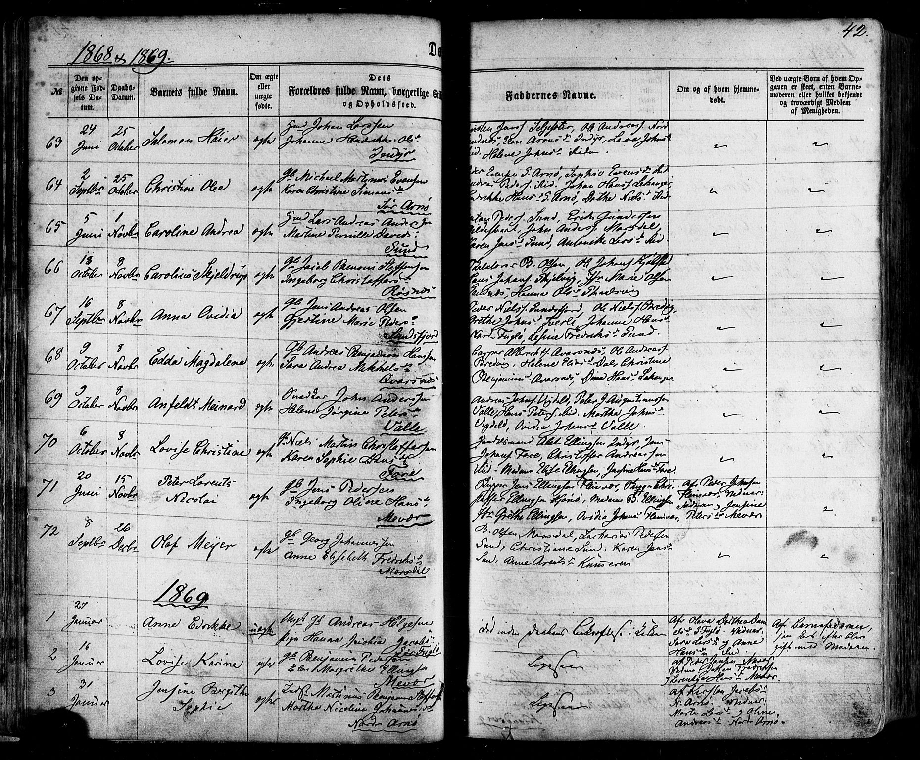 Ministerialprotokoller, klokkerbøker og fødselsregistre - Nordland, SAT/A-1459/805/L0098: Parish register (official) no. 805A05, 1862-1879, p. 42