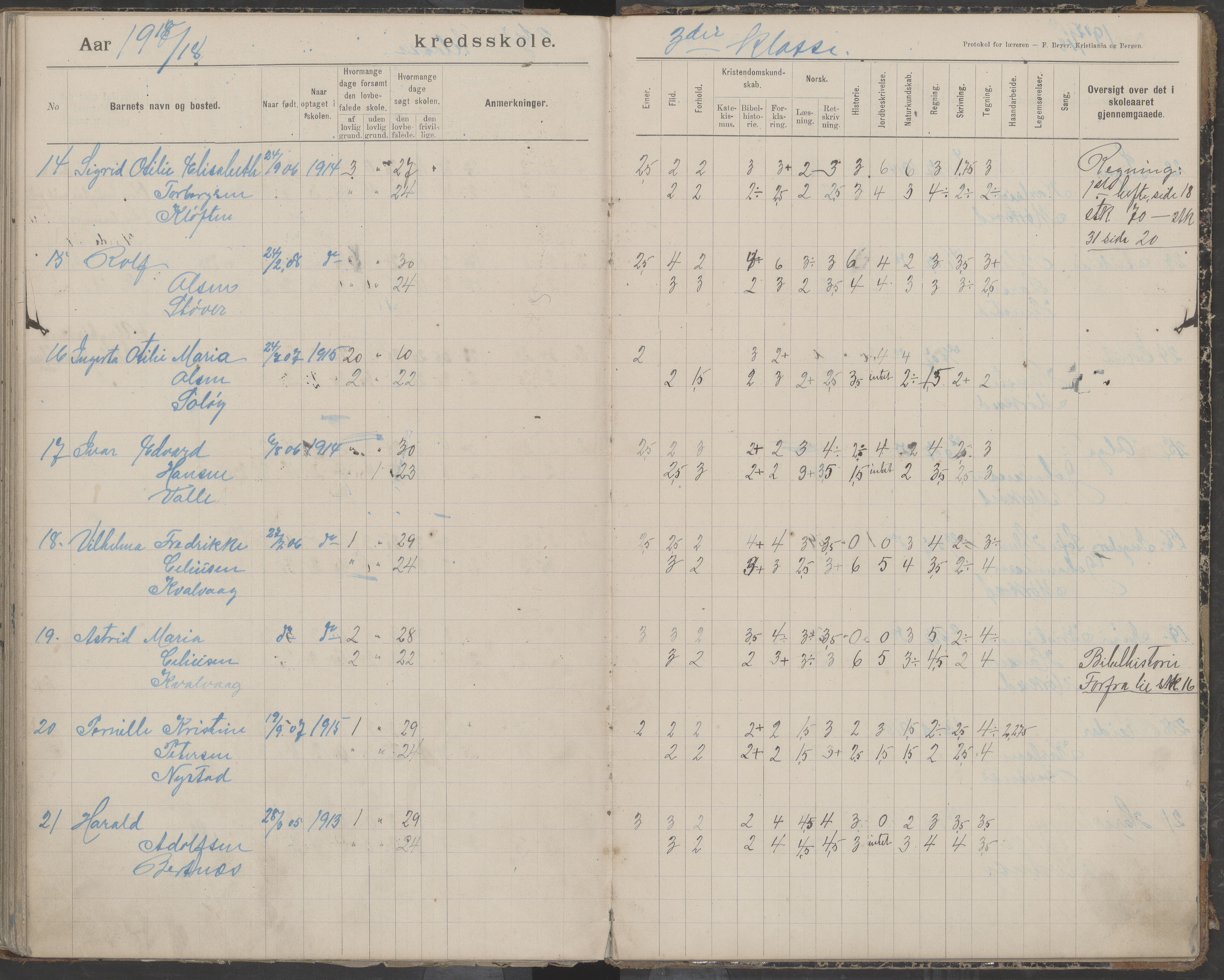 Bodin kommune. Støver skolekrets, AIN/K-18431.510.07/F/Fa/L0006: Protokoll lærere i Støver skolekrets, 1908-1918