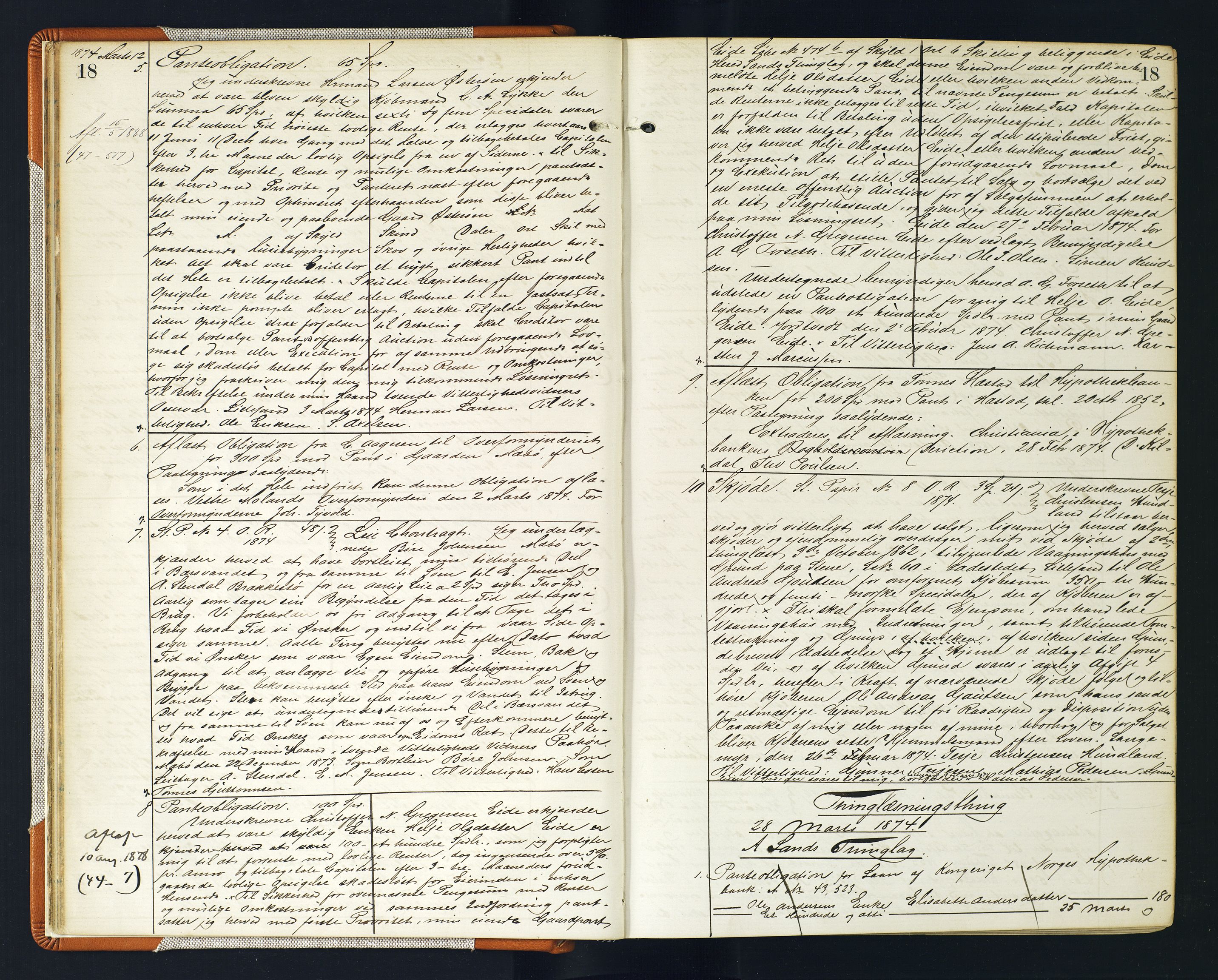 Vestre Nedenes/Sand sorenskriveri, AV/SAK-1221-0010/G/Gb/Gba/L0017: Mortgage book no. 43, 1874-1878, p. 18