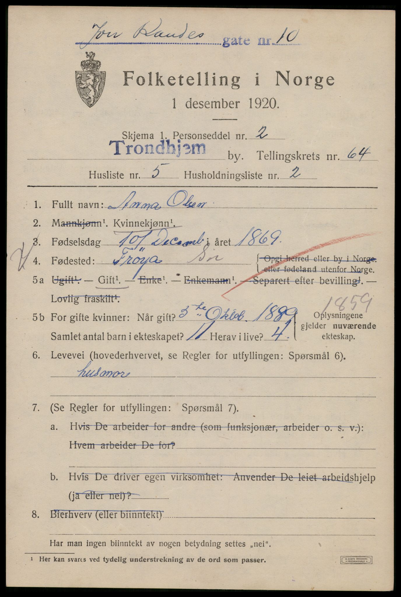 SAT, 1920 census for Trondheim, 1920, p. 127606