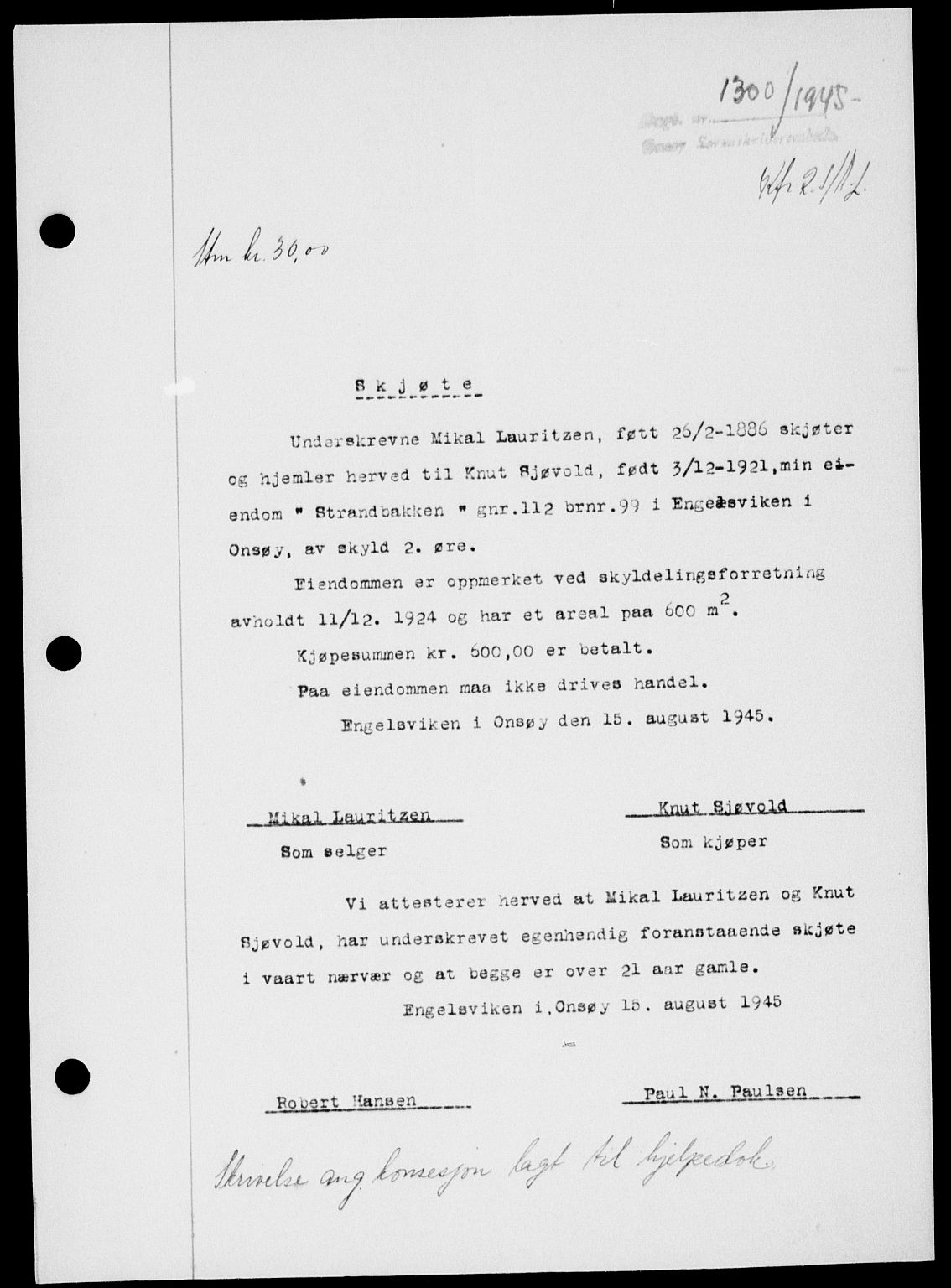 Onsøy sorenskriveri, SAO/A-10474/G/Ga/Gab/L0015: Mortgage book no. II A-15, 1945-1946, Diary no: : 1300/1945