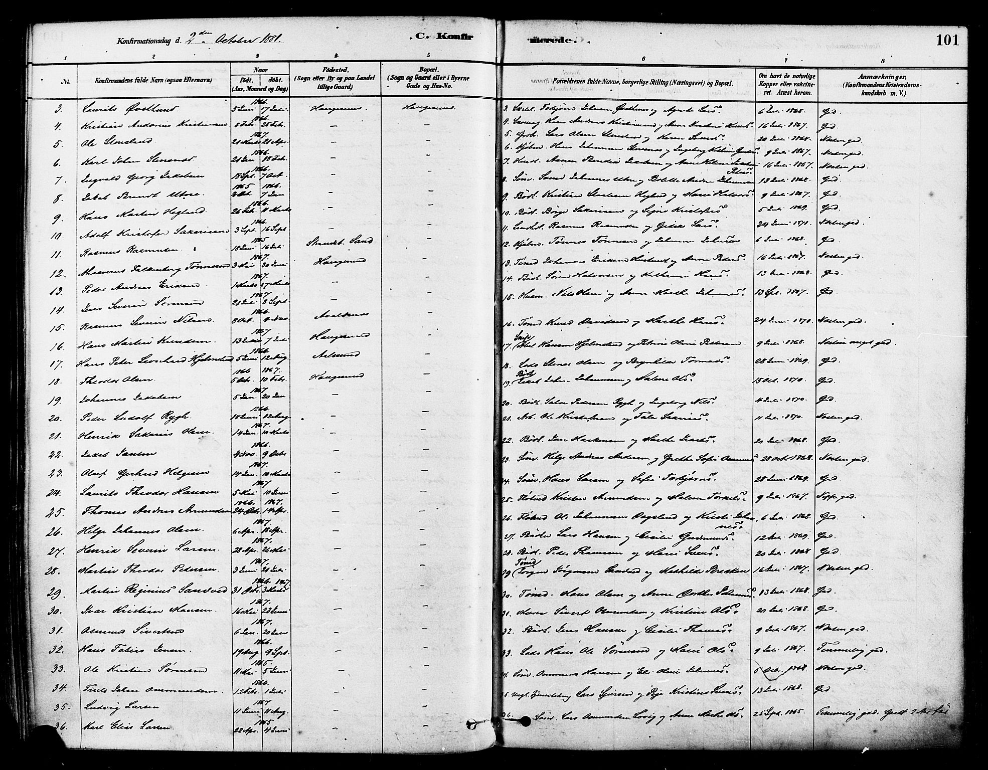 Haugesund sokneprestkontor, AV/SAST-A -101863/H/Ha/Haa/L0001: Parish register (official) no. A 1, 1878-1885, p. 101