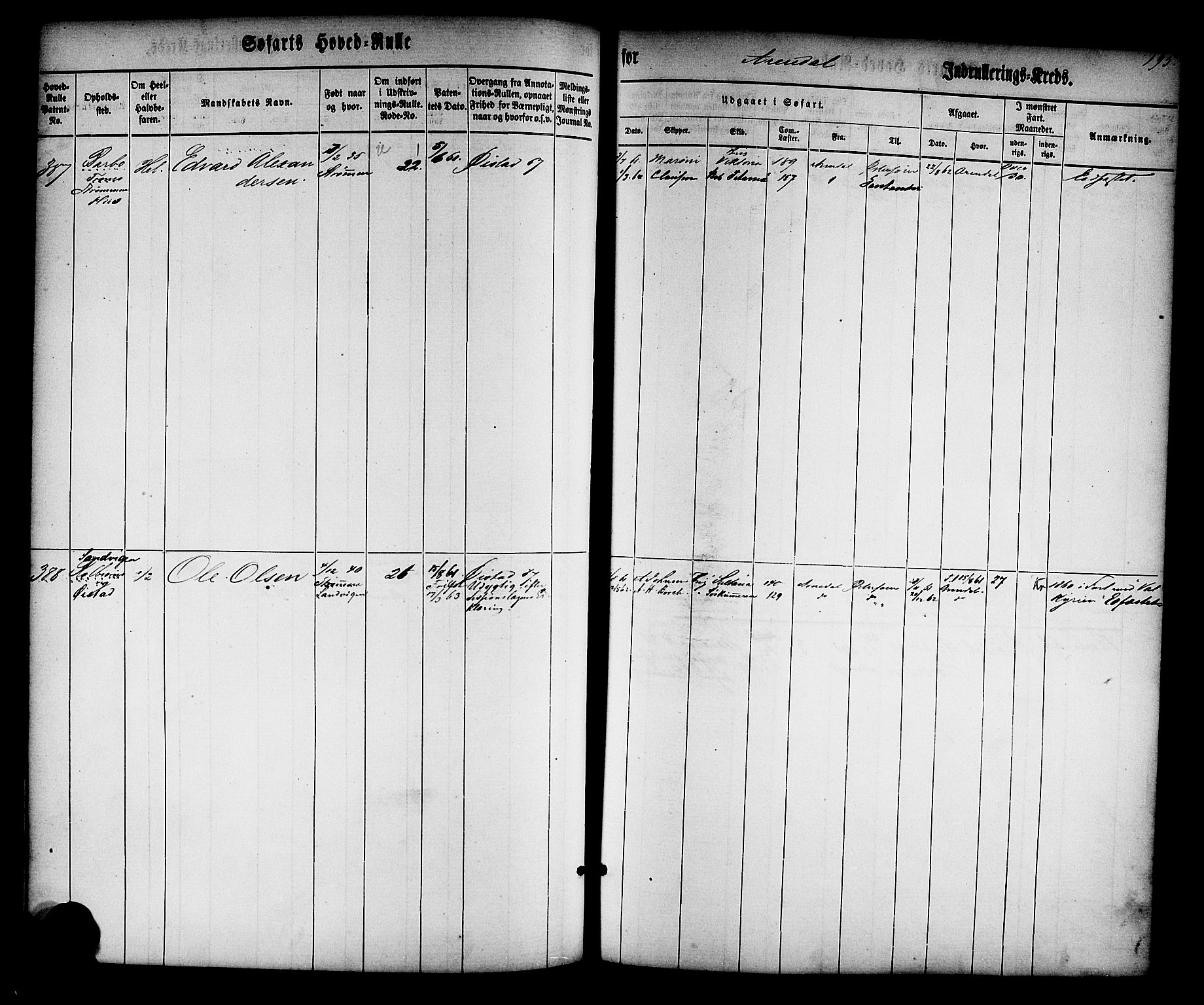 Arendal mønstringskrets, AV/SAK-2031-0012/F/Fb/L0008: Hovedrulle nr 1-766, S-6, 1860-1865, p. 198