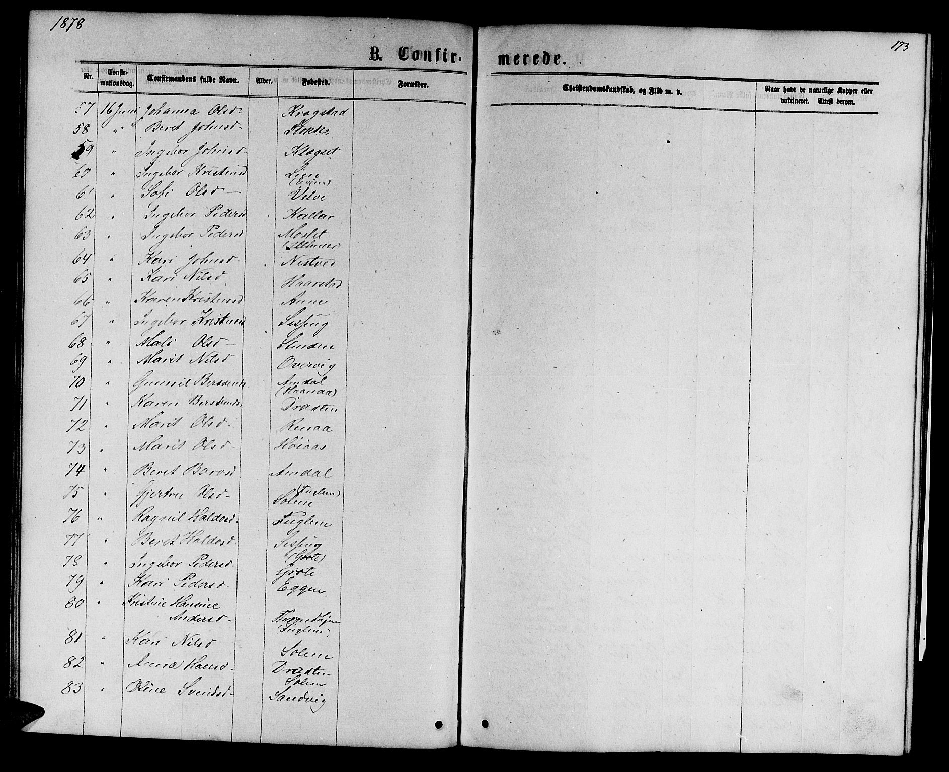 Ministerialprotokoller, klokkerbøker og fødselsregistre - Sør-Trøndelag, AV/SAT-A-1456/695/L1156: Parish register (copy) no. 695C07, 1869-1888, p. 173