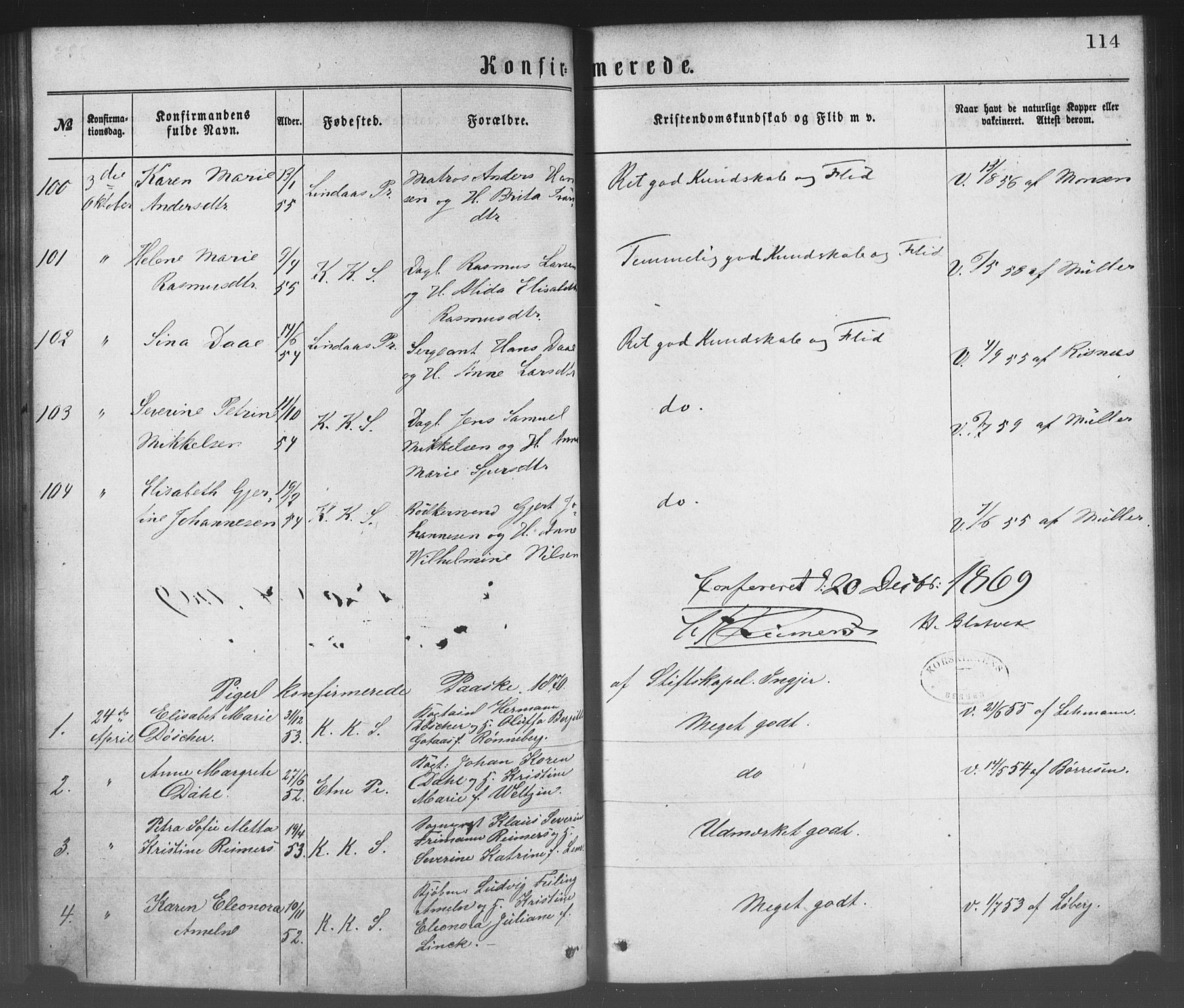 Korskirken sokneprestembete, SAB/A-76101/H/Haa/L0028: Parish register (official) no. C 4, 1868-1879, p. 114
