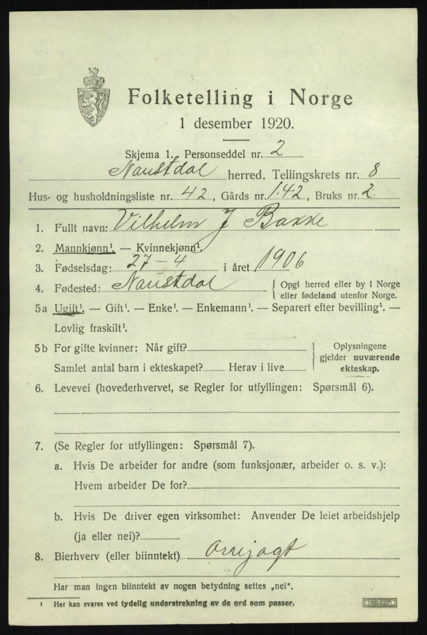 SAB, 1920 census for Naustdal, 1920, p. 5337